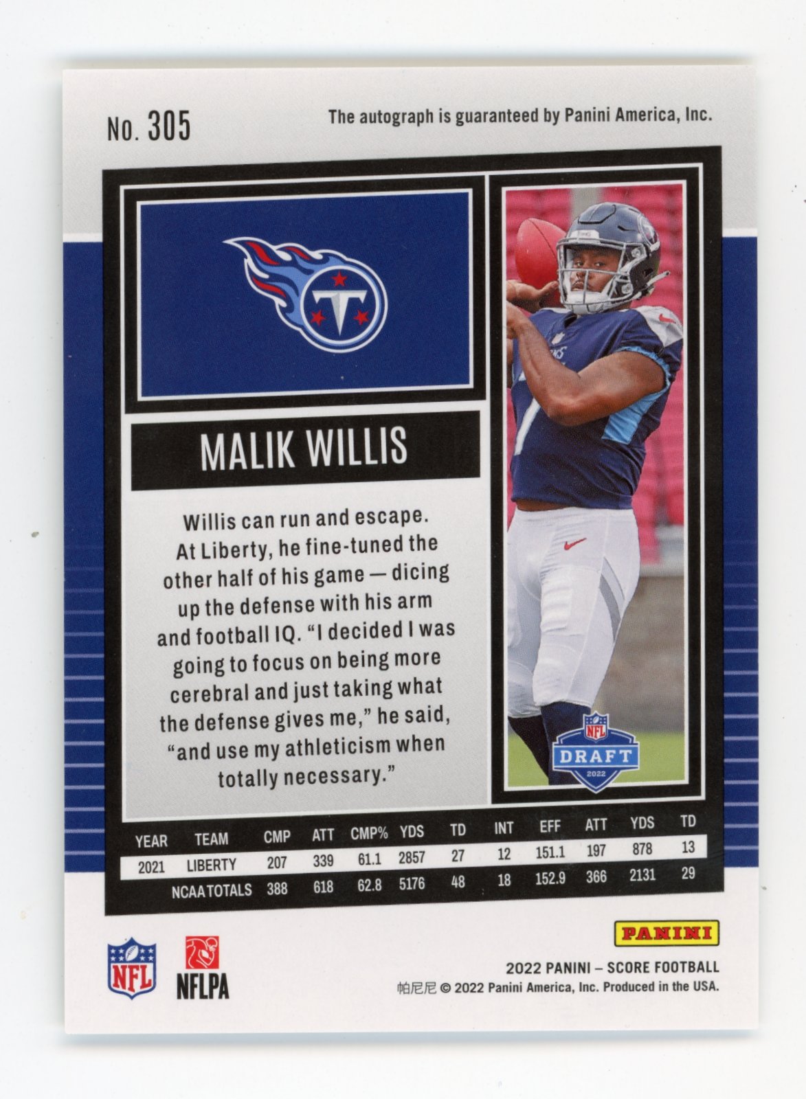 2022 Panini Score Rookies Malik Willis RC #305 - Auto Titans
