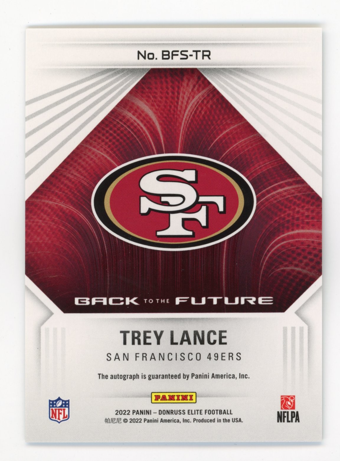 2022 Panini Donruss Elite Back to the Future Trey Lance #BFS-TR - #/99 Auto 49ers