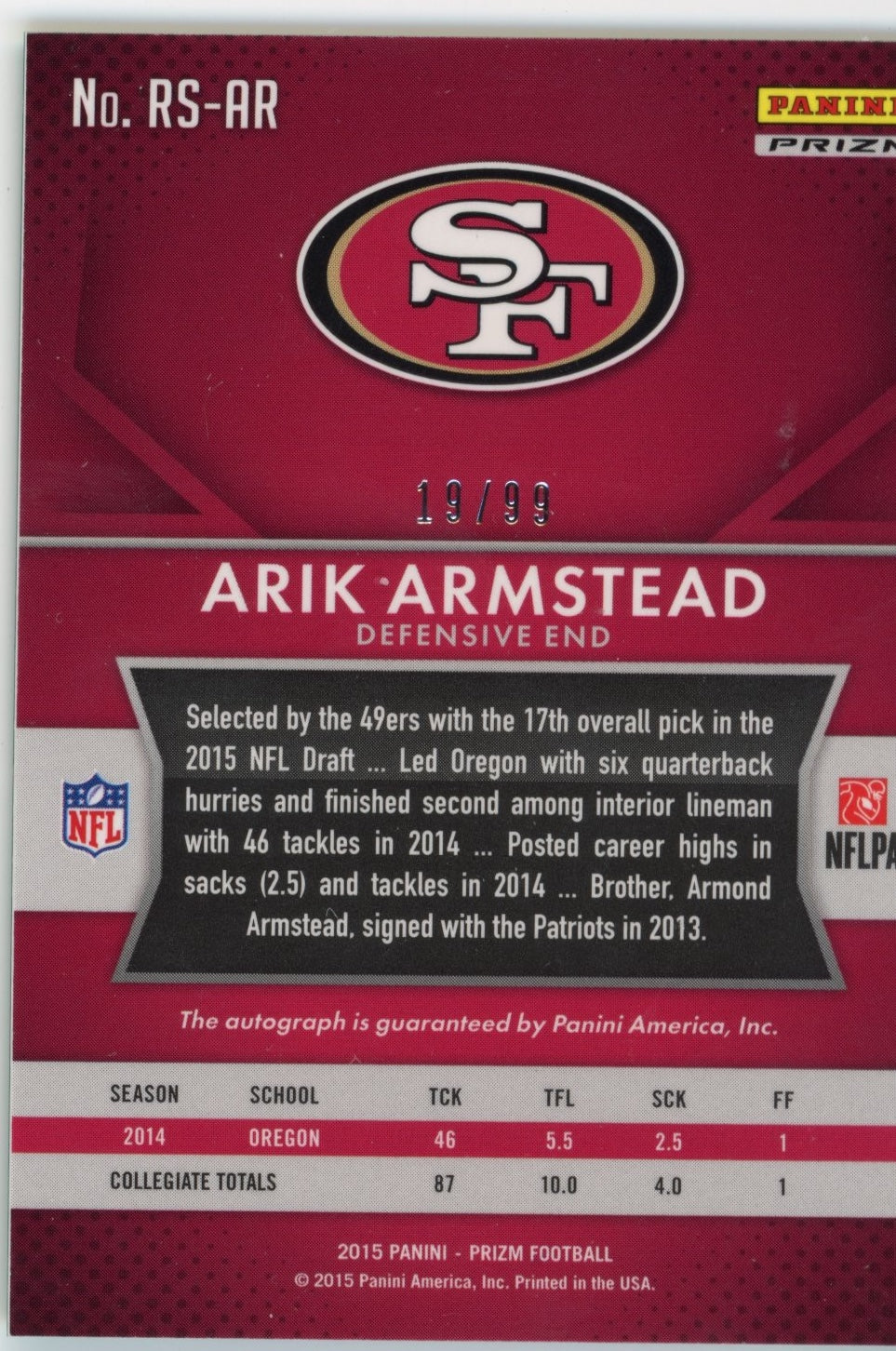 2015 Panini Prizm Arik Armstead RC #RS-AR - #/99 Green Prizm Auto 49ers