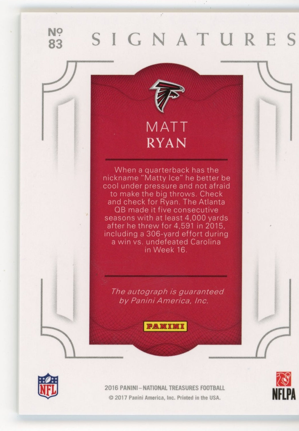 2016 Panini National Treasures Signatures Matt Ryan #83 - #/25 Auto Falcons