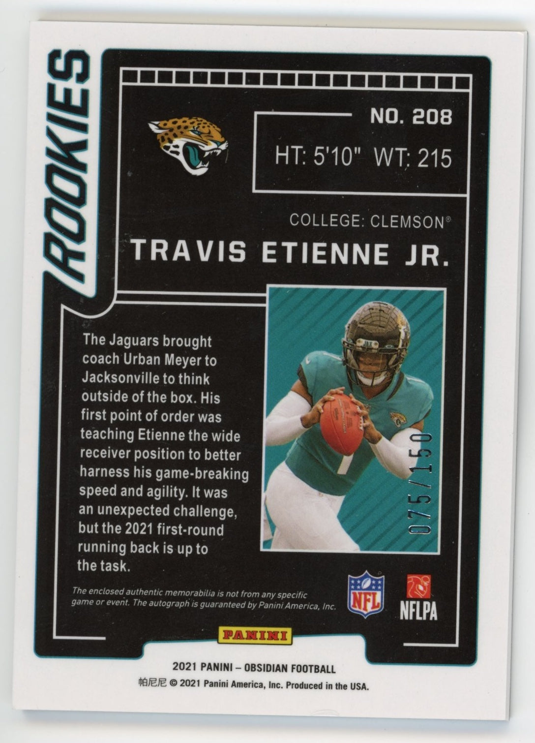 2021 Panini Obsidian Rookies Travis Etienne Jr. RC #208 - #/150 Jersey Auto Jaguars