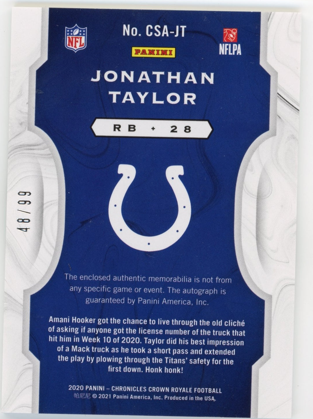 2020 Panini Chronicles Crown Royale Silhouettes Jonathan Taylor RC #CSA-JT - #/99 Jersey Auto Colts