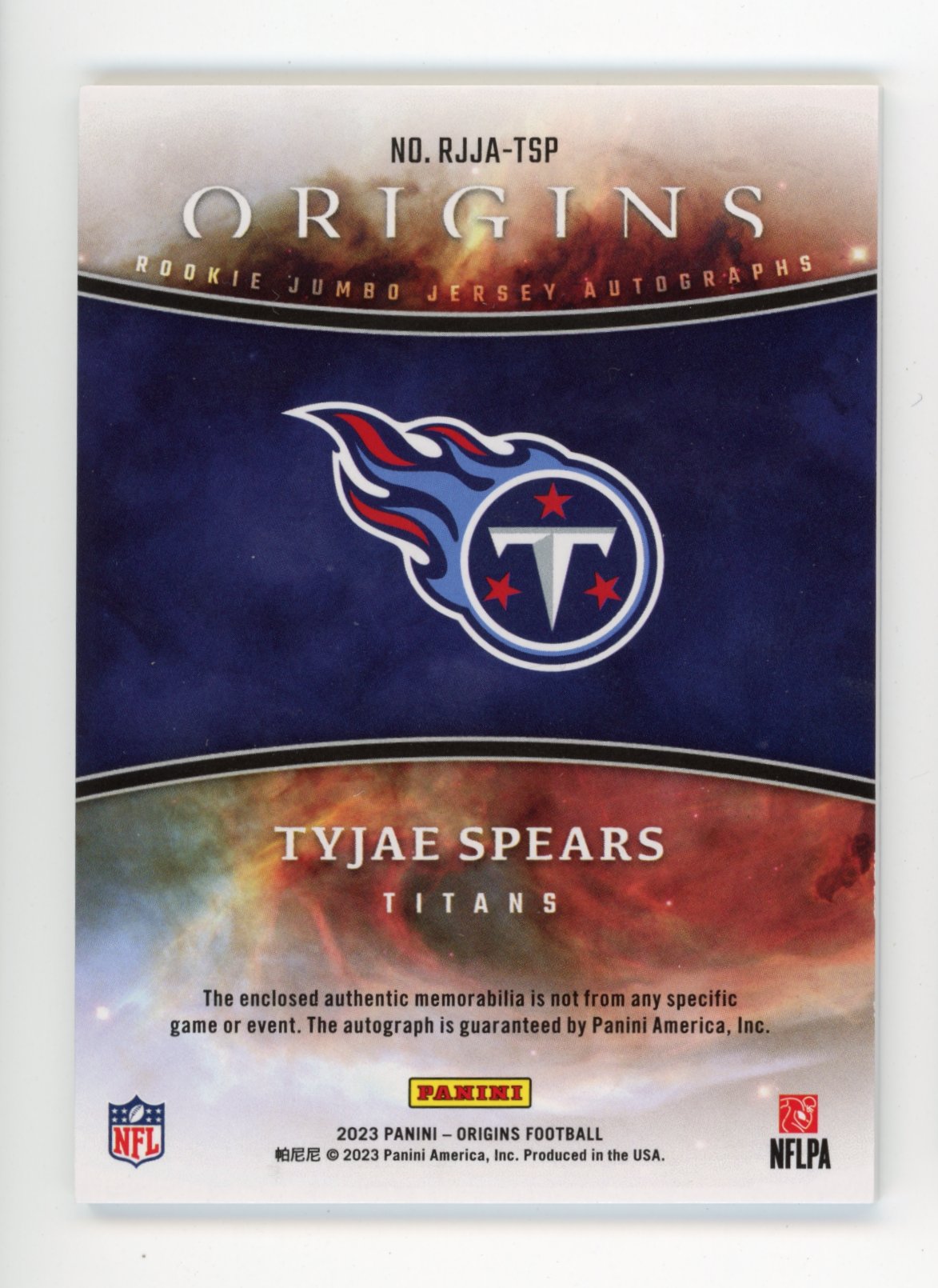 2023 Panini Origins Jumbo Jersey Tyjae Spears RC #RJJA-TSP - Jersey Auto Titans