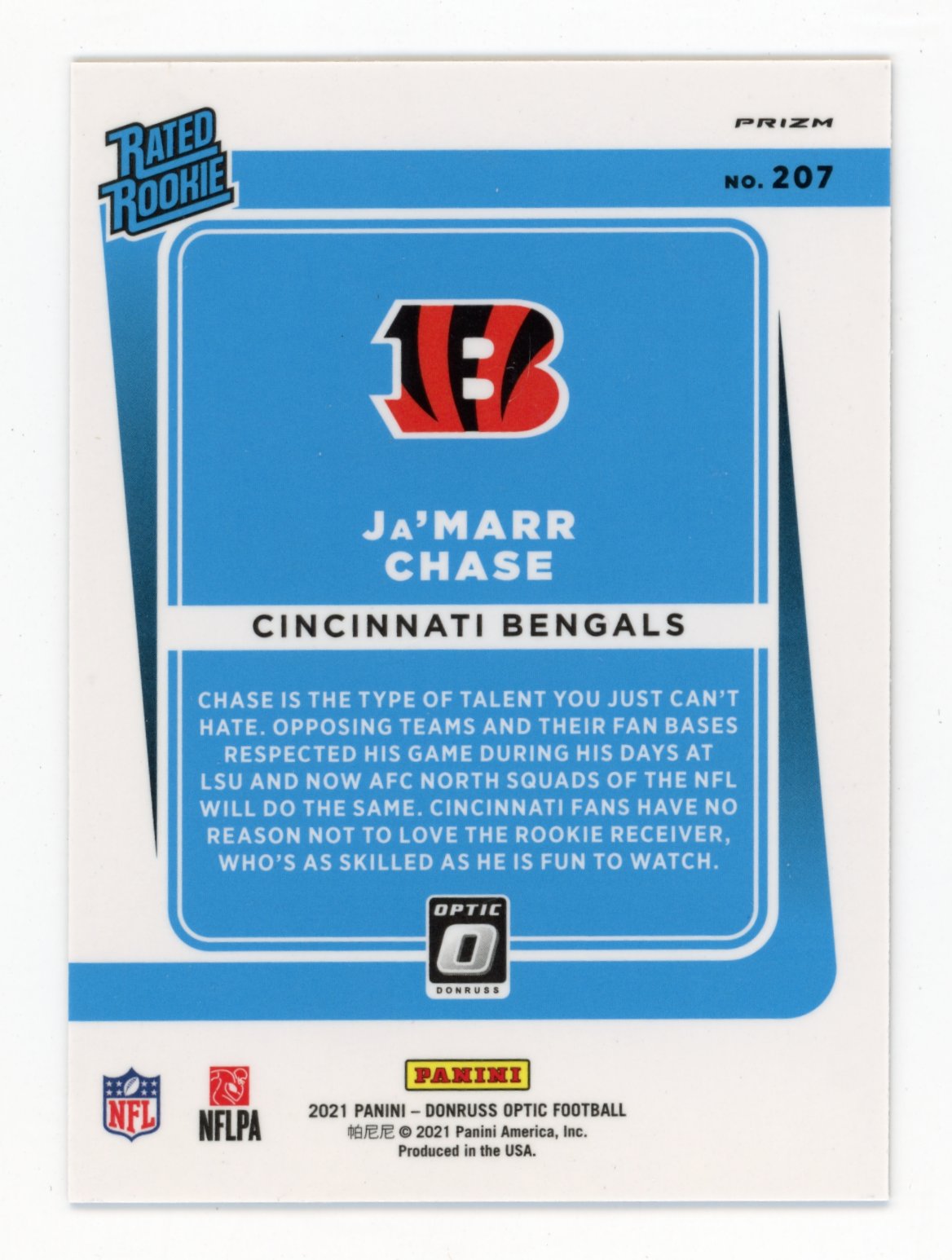 2021 Panini Donruss Optic Rated Rookie Ja'Marr Chase RC #207 - Pink Hyper Prizm Bengals