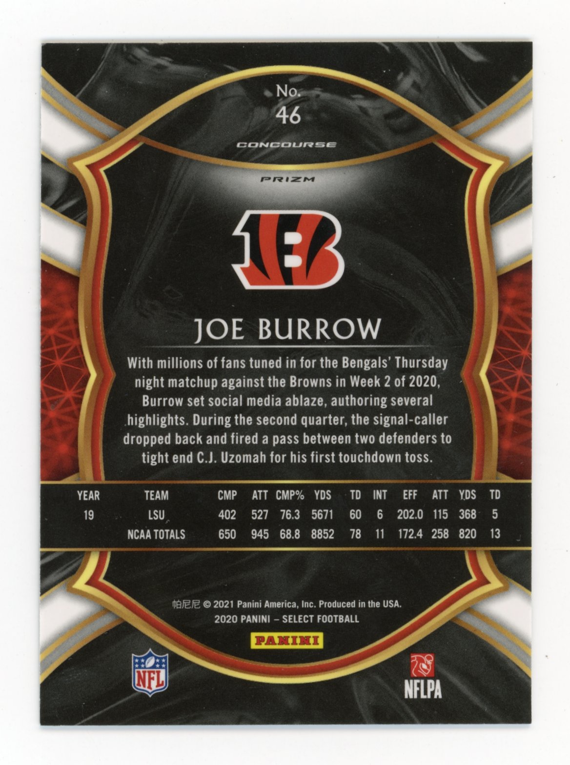 2020 Panini Select Joe Burrow RC #46 - Concourse Prizm Bengals