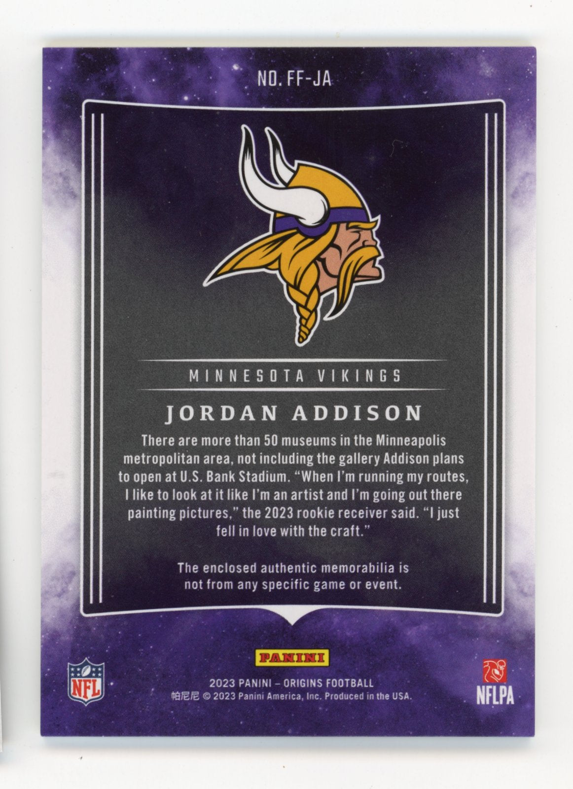 2023 Panini Origins Future Fabrics Jordan Addison #FF-JA - #/99 Jersey Vikings