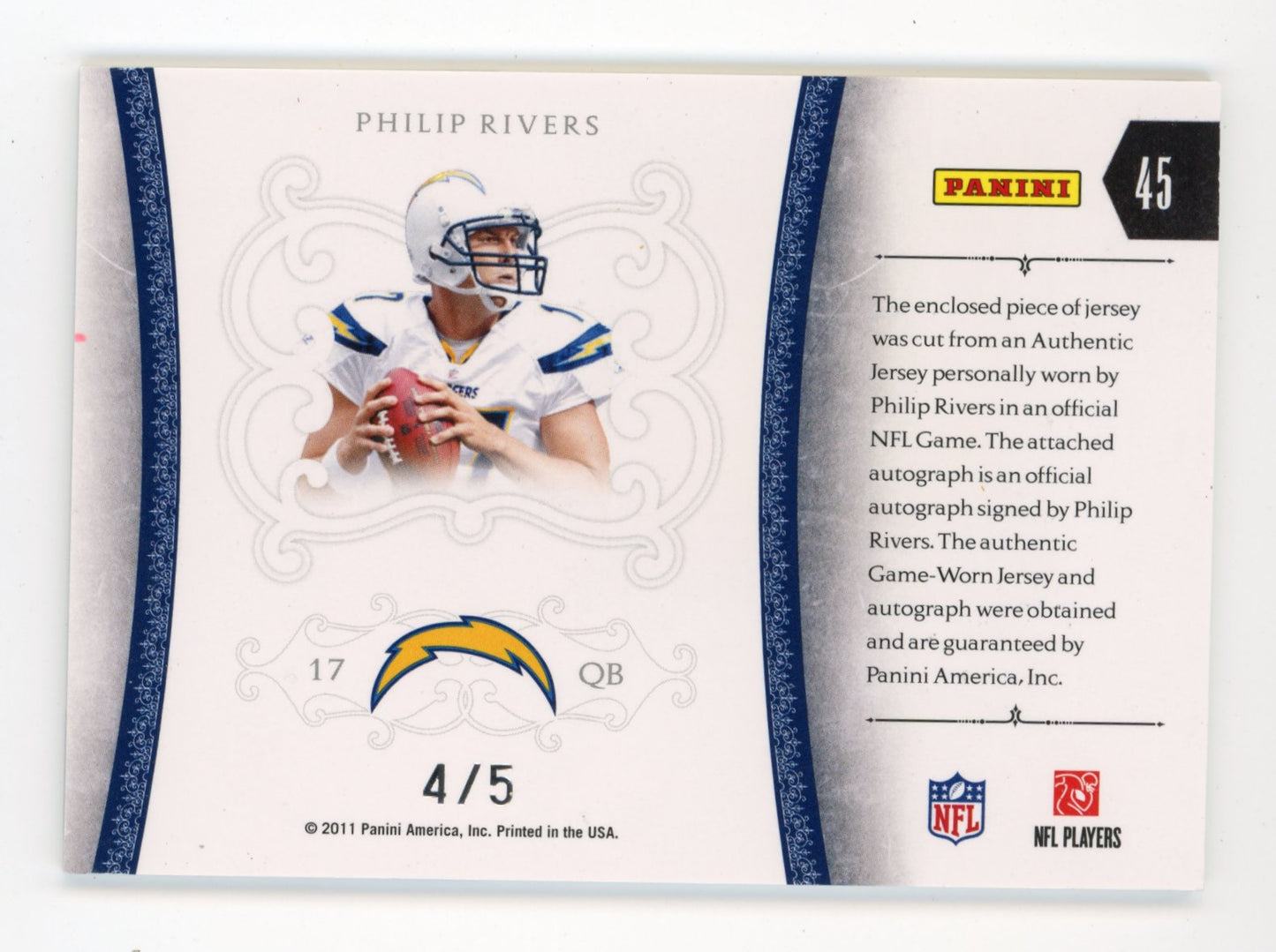 2011 Panini National Treasures Colossal Dual Patch Philip Rivers #45 - #/5 Jersey Auto Chargers