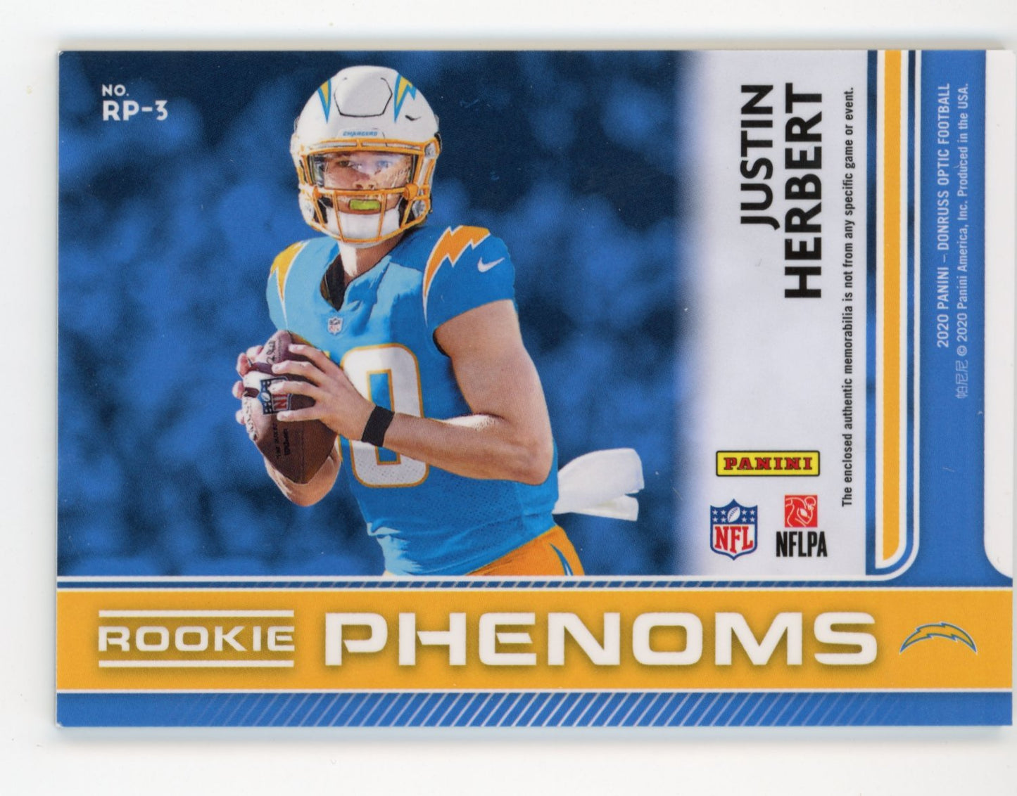2020 Panini Donruss Optic Rookie Phenoms Justin Herbert RC #RP-3 - Blue Hyper Prizm Jersey Chargers