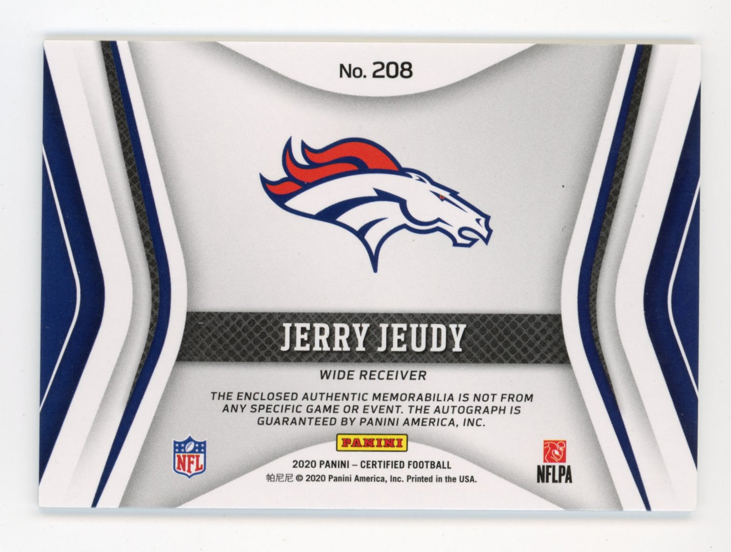 2020 Panini Certified Freshman Fabric Jerry Jeudy RC #208 - #/249 Jersey Auto Broncos