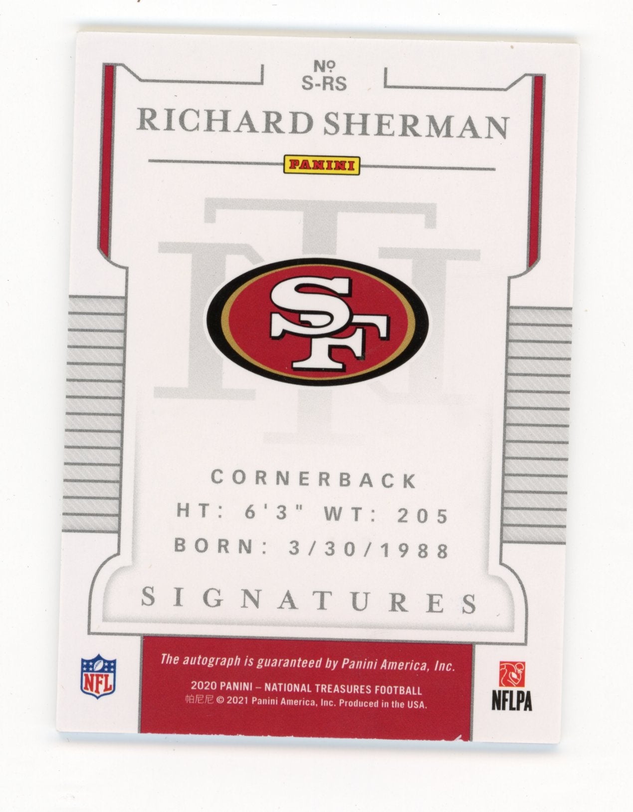 2020 Panini National Treasures Richard Sherman #S-RS - #/5 Autograph 49ers