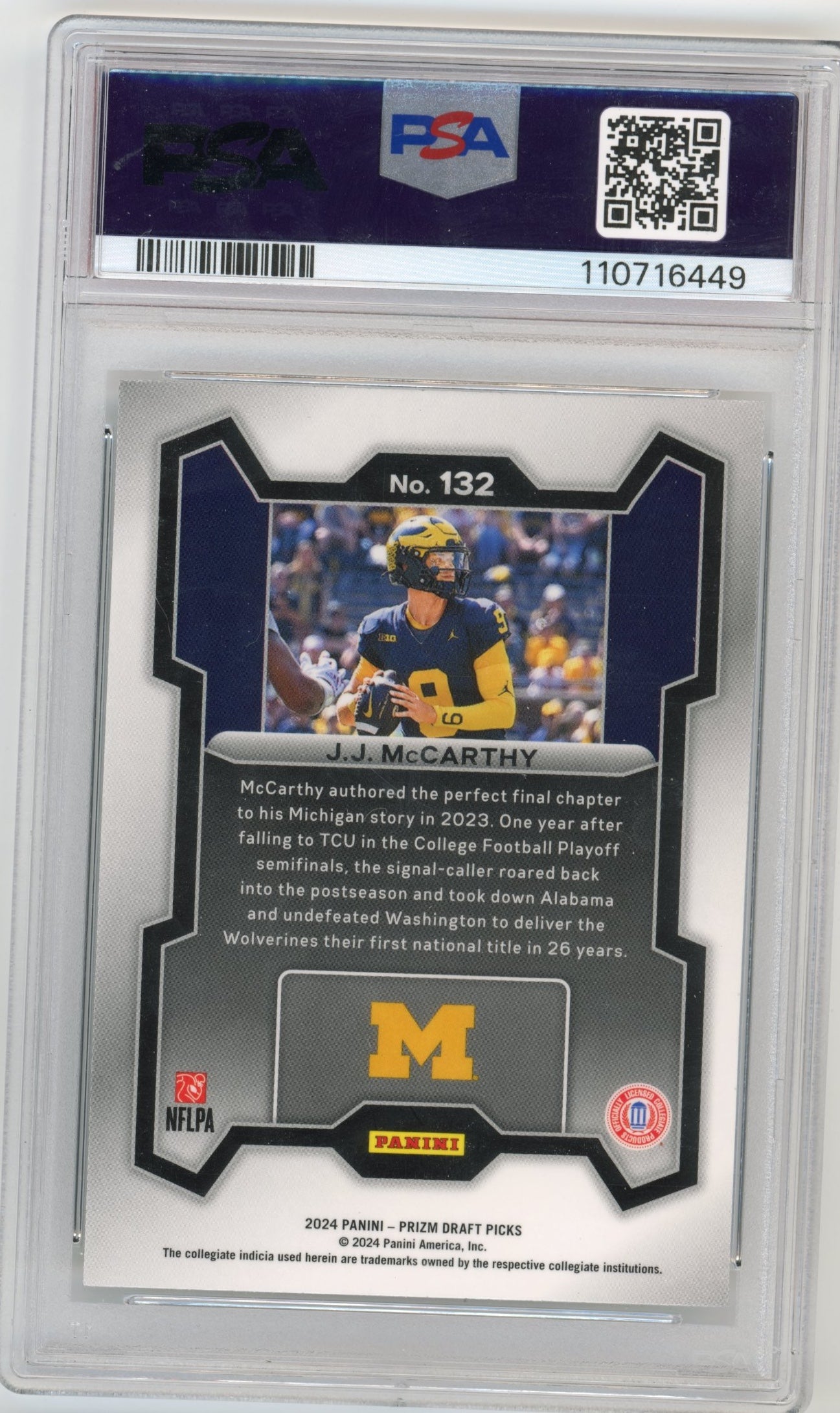 2024 Panini Prizm Draft Picks JJ McCarthy Rookie #132 - PSA 9 Vikings