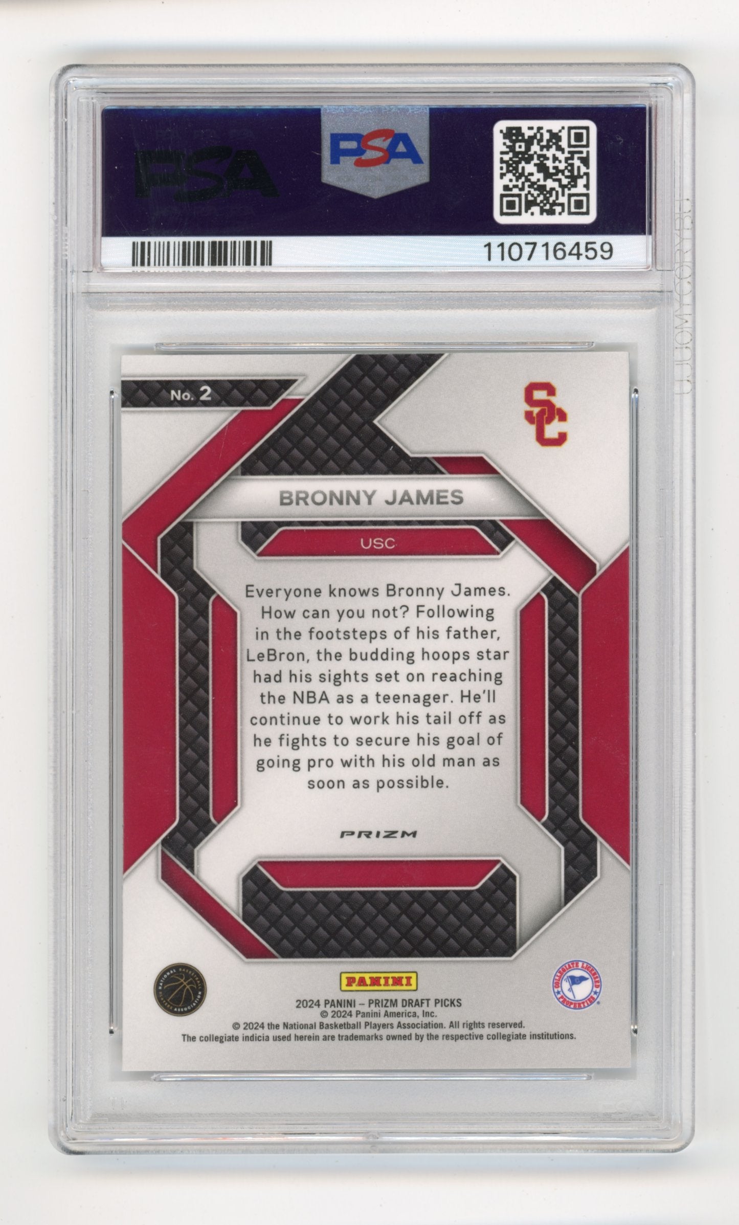 2024 Panini Prizm Draft Picks Bronny James Rookie #2 - PSA 10 New Recruits Silver Trojans