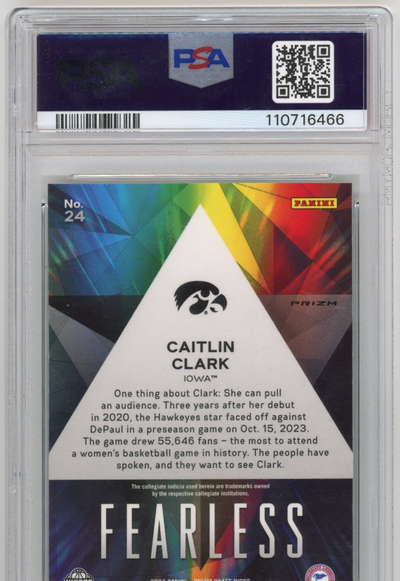 2024 Panini Prizm Draft Picks Caitlin Clark Fearless RC #24 - Silver PSA 10 Hawkeyes