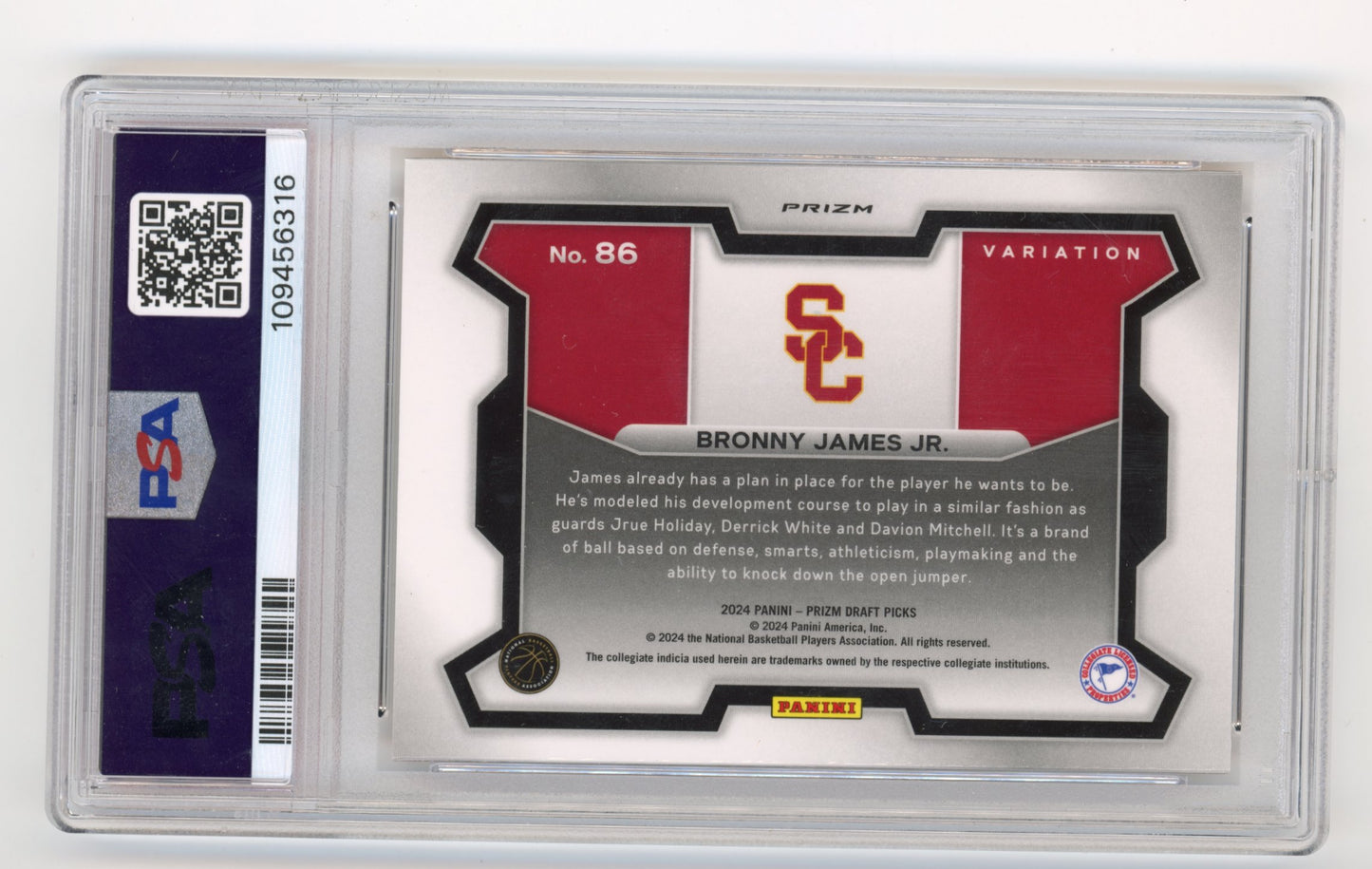 2024 Panini Prizm Draft Picks Bronny James Jr. RC #86 - Orange Ice PSA 9 Trojans