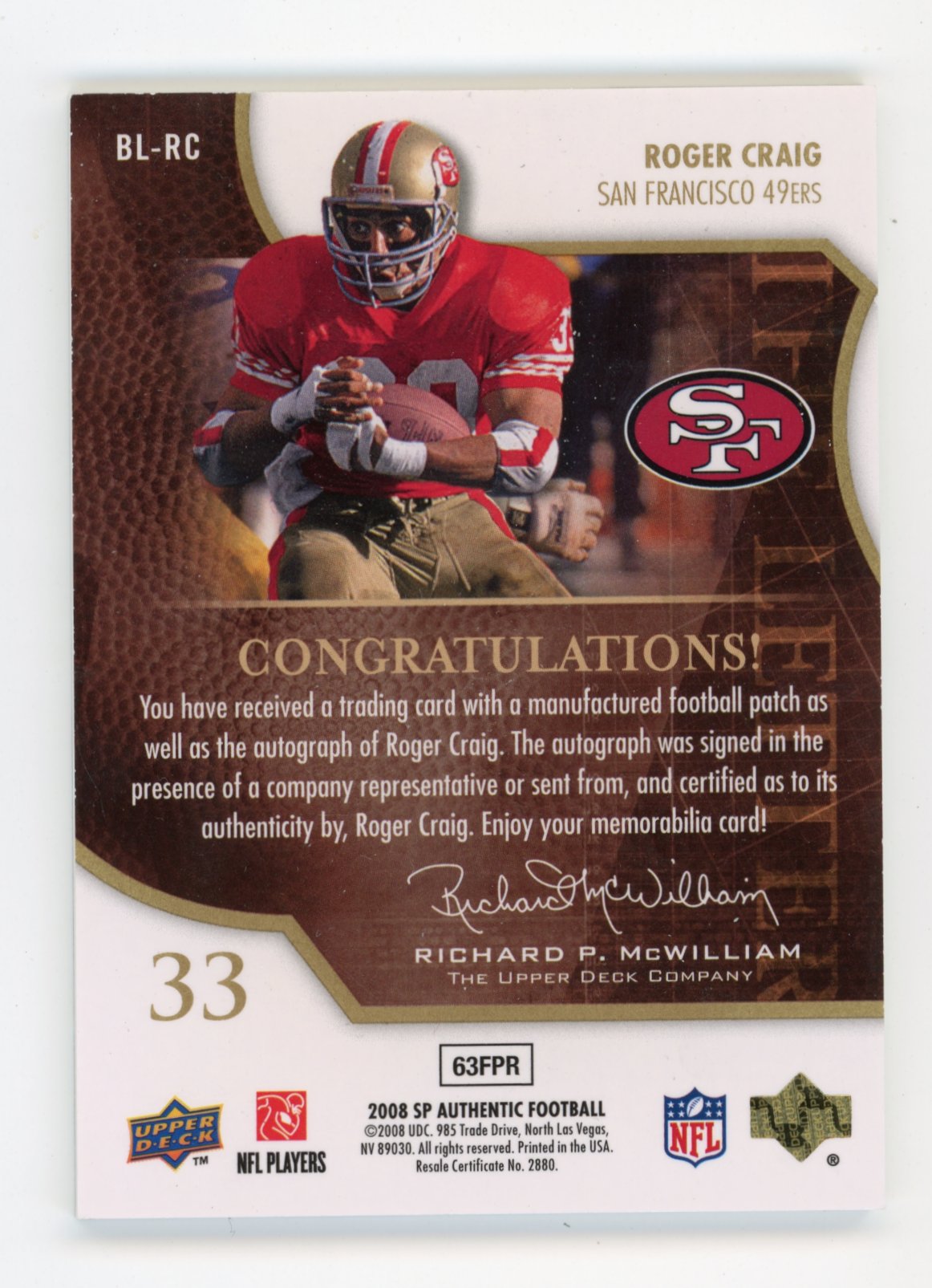 2008 Upper Deck SP Authentic Roger Craig By The Letter #BL-RC - Autograph Relic #/20 49ers