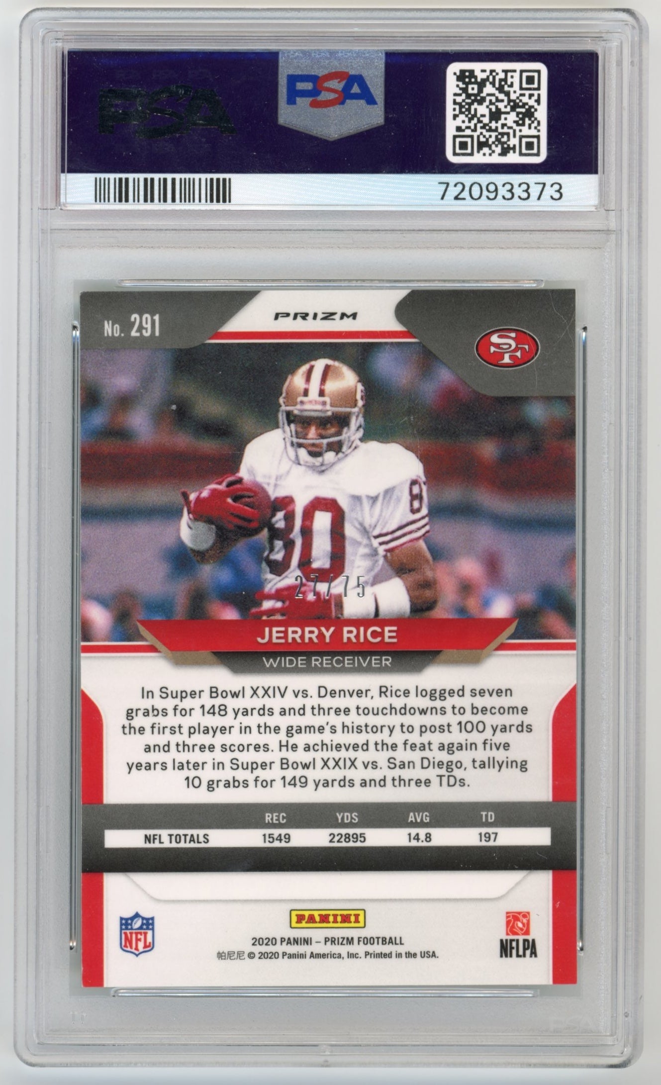 2020 Panini Prizm Jerry Rice #291 - #/75 Green Scope PSA 9 49ers