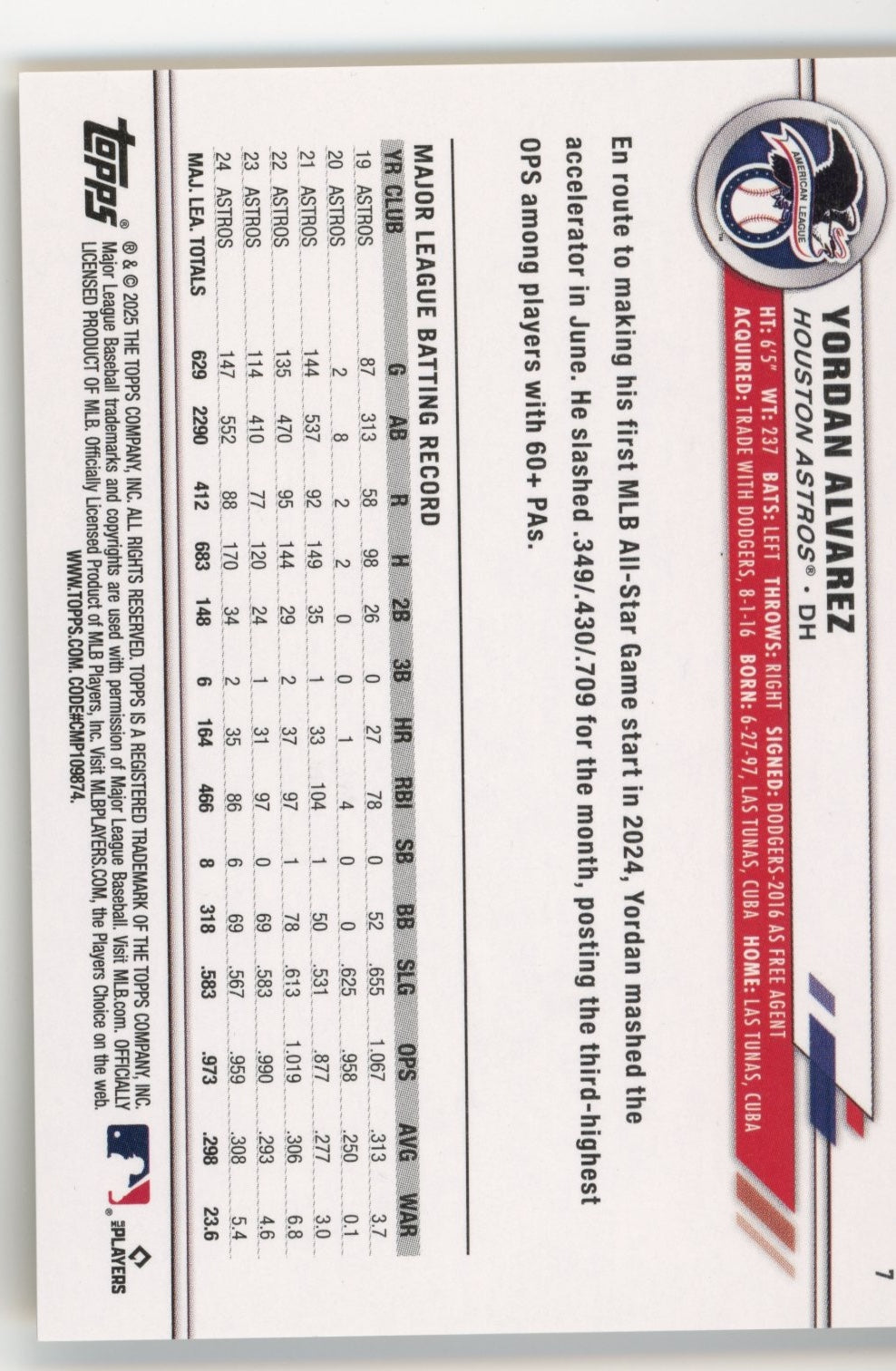 2025 Topps Yordan Alvarez # 7 - All Star Game Gold #/50 Astros