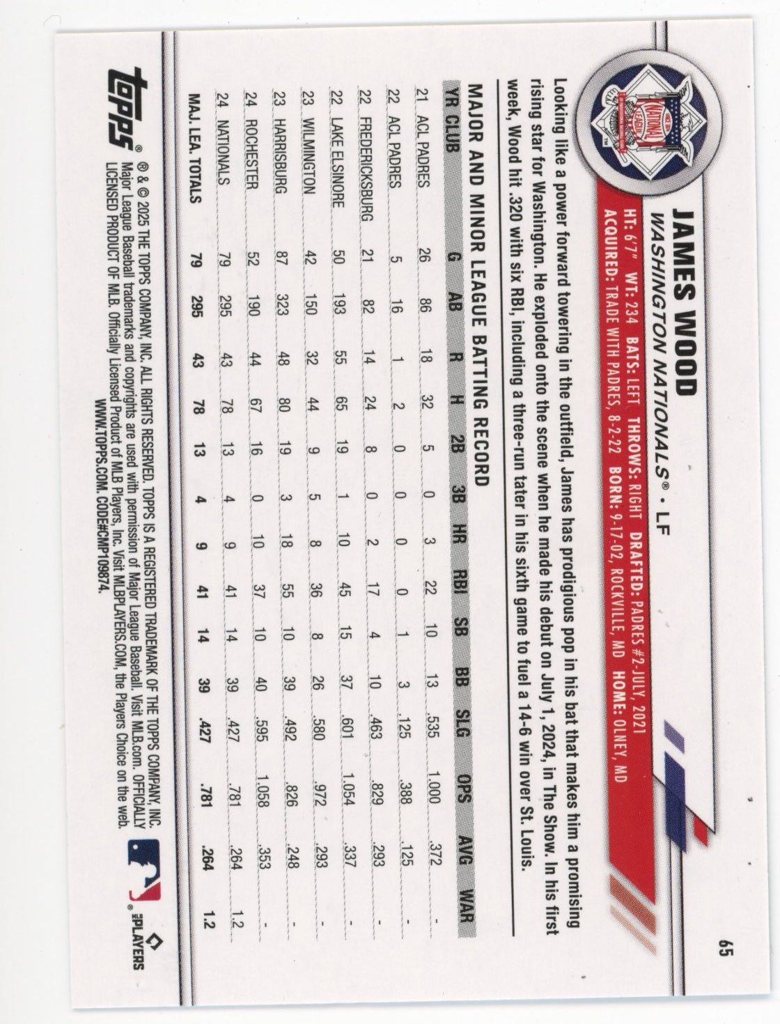 2025 Topps James Wood RC #65 - All Star Game Nationals