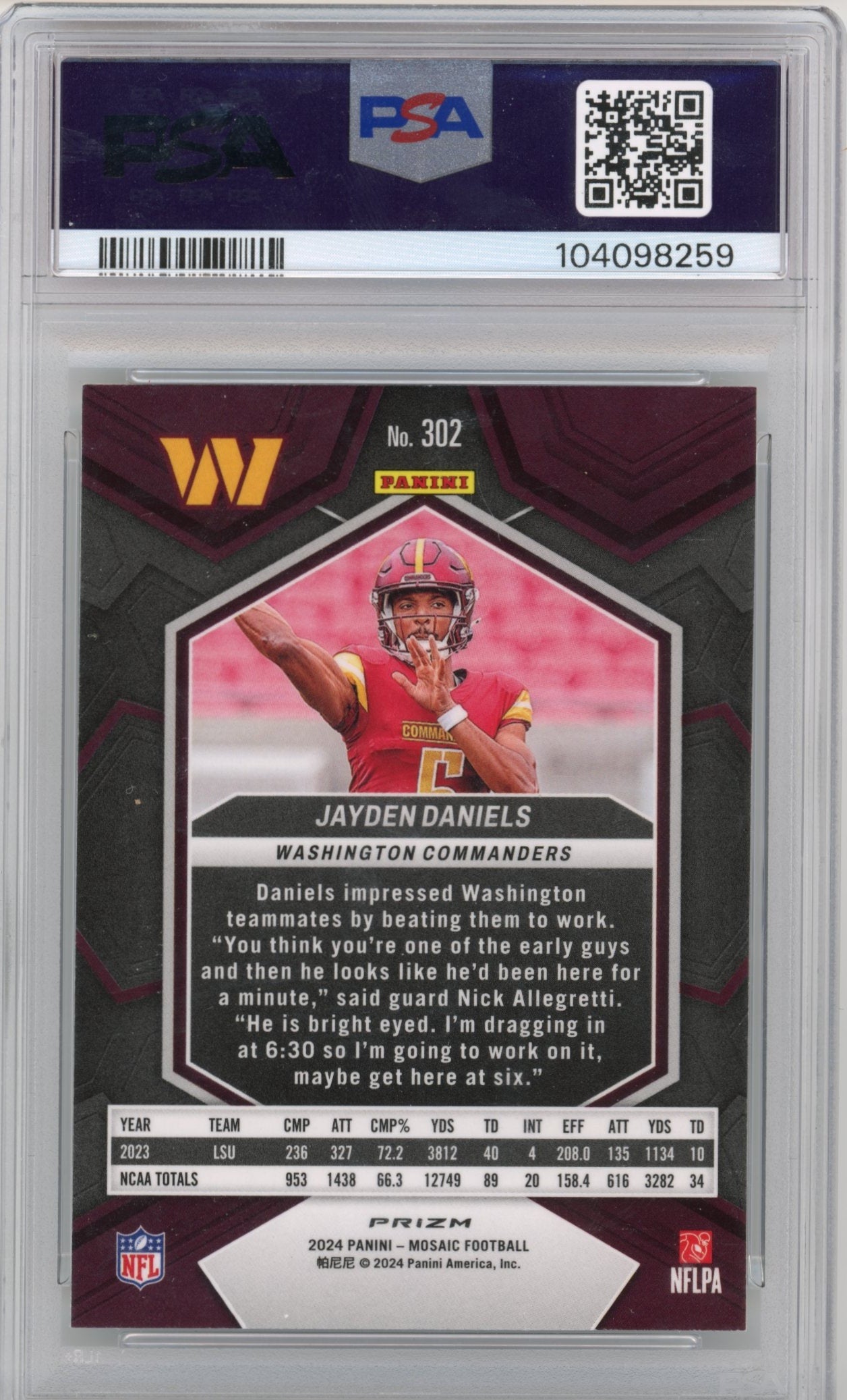 2024 Panini Prizm Jayden Daniels RC #302 - PSA 9 Silver Commanders