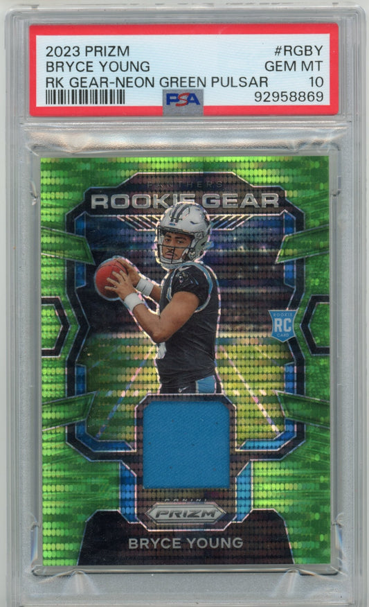 2023 Panini Prizm Bryce Young Rookie Gear #RGBY - PSA 10 Jersey Neon Green Pulsar Panthers