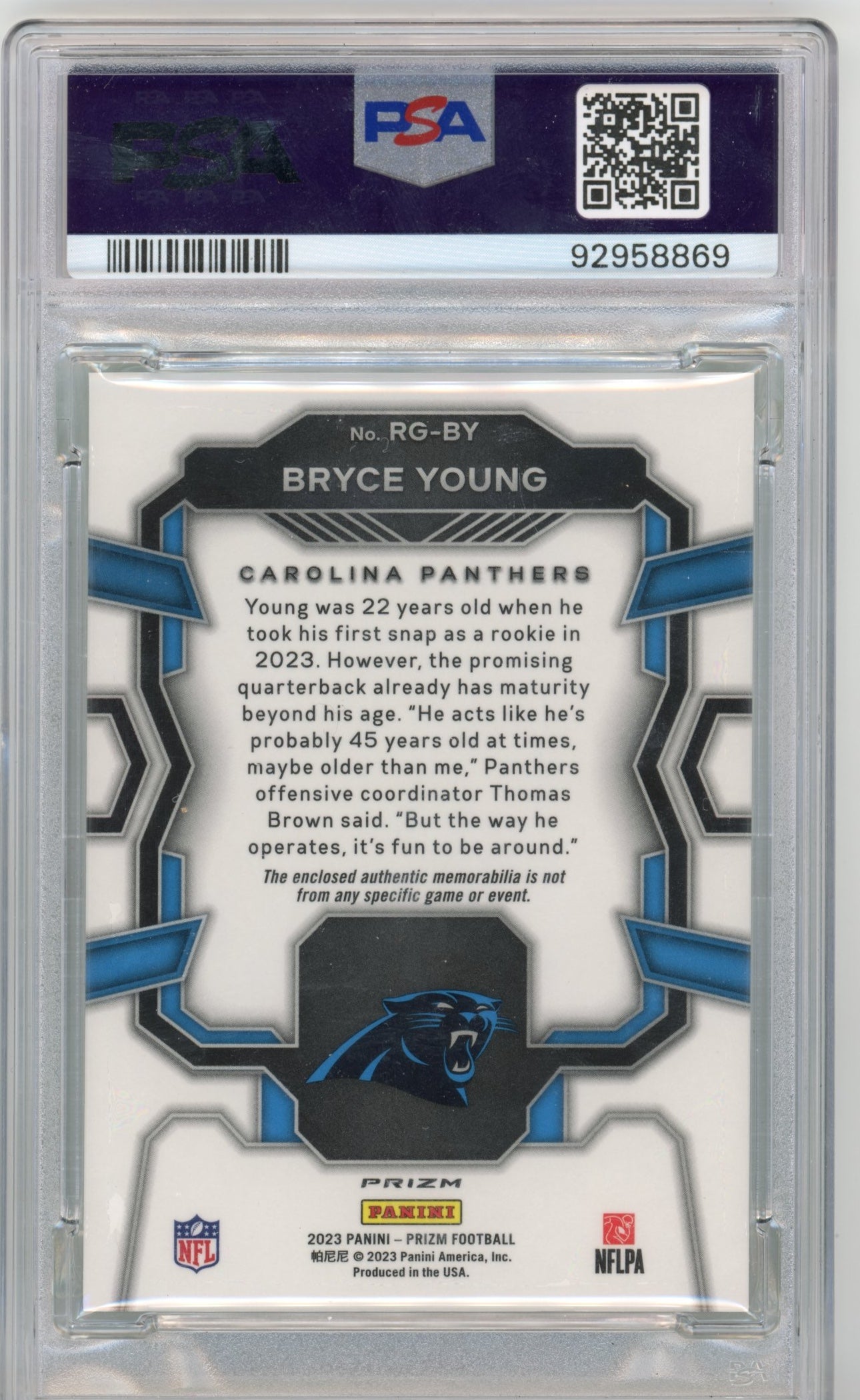 2023 Panini Prizm Bryce Young Rookie Gear #RGBY - PSA 10 Jersey Neon Green Pulsar Panthers
