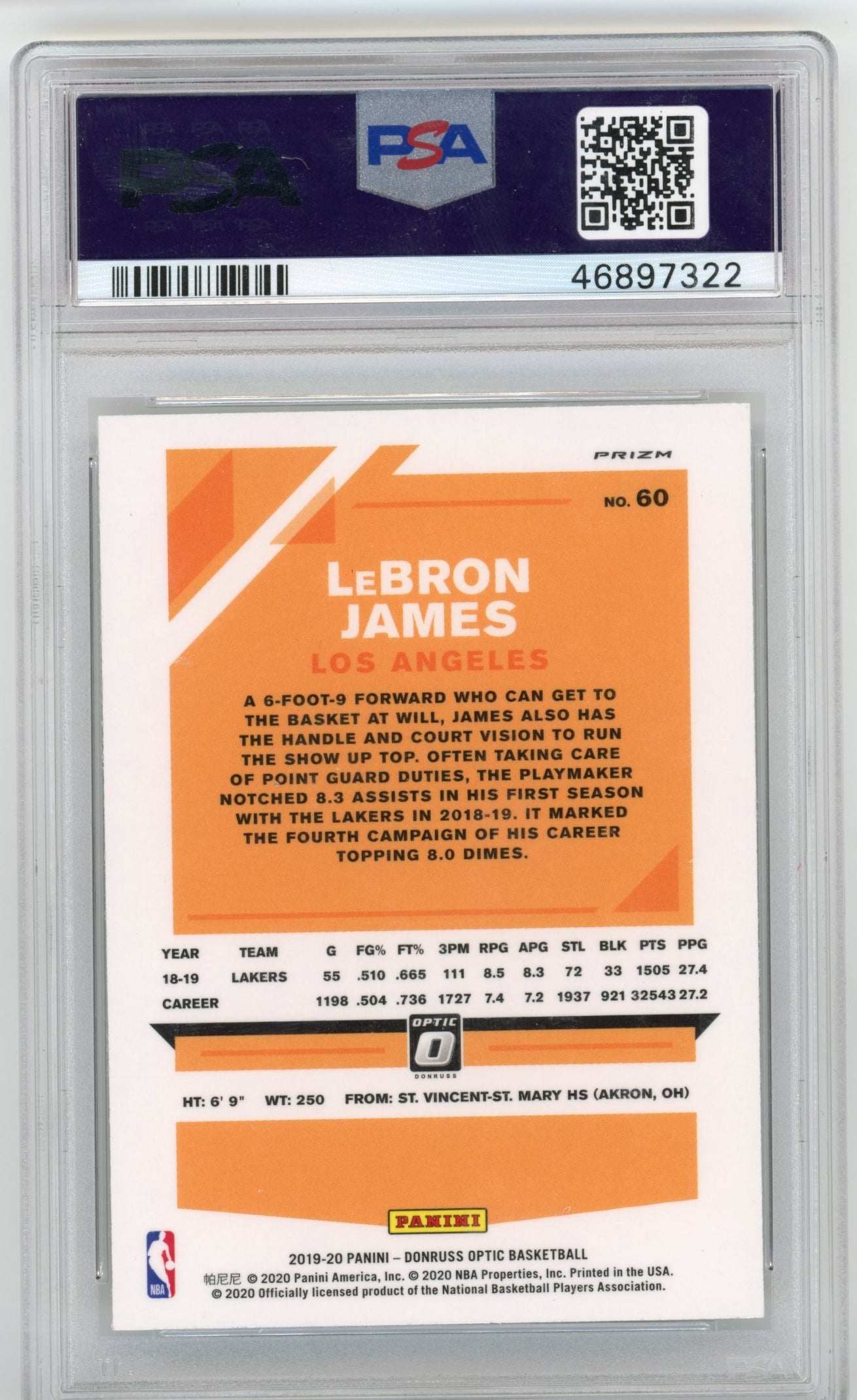 2019 Panini Donruss Optic LeBron James #60 - PSA 10 Fantatics Lakers