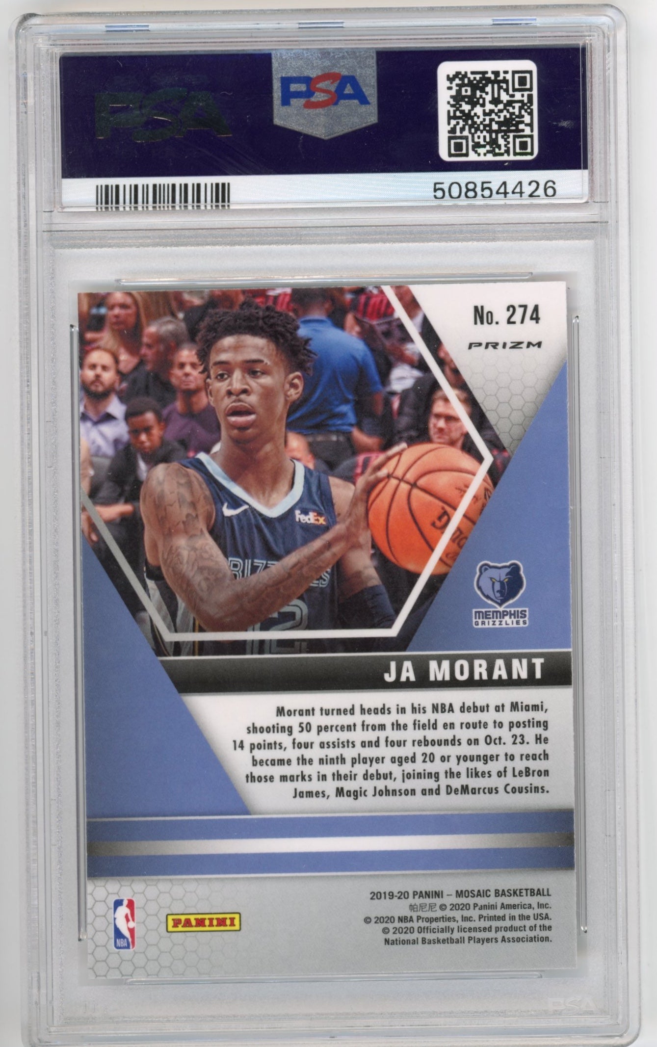 2019 Panini Mosaic Ja Morant NBA Debut RC #274 - PSA 9 Pink Camo Grizzlies