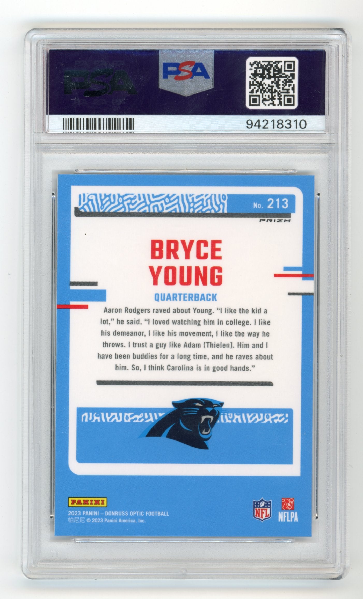 2023 Donruss Optic Bryce Young RC #213 - PSA 10 Purple Shock Panthers