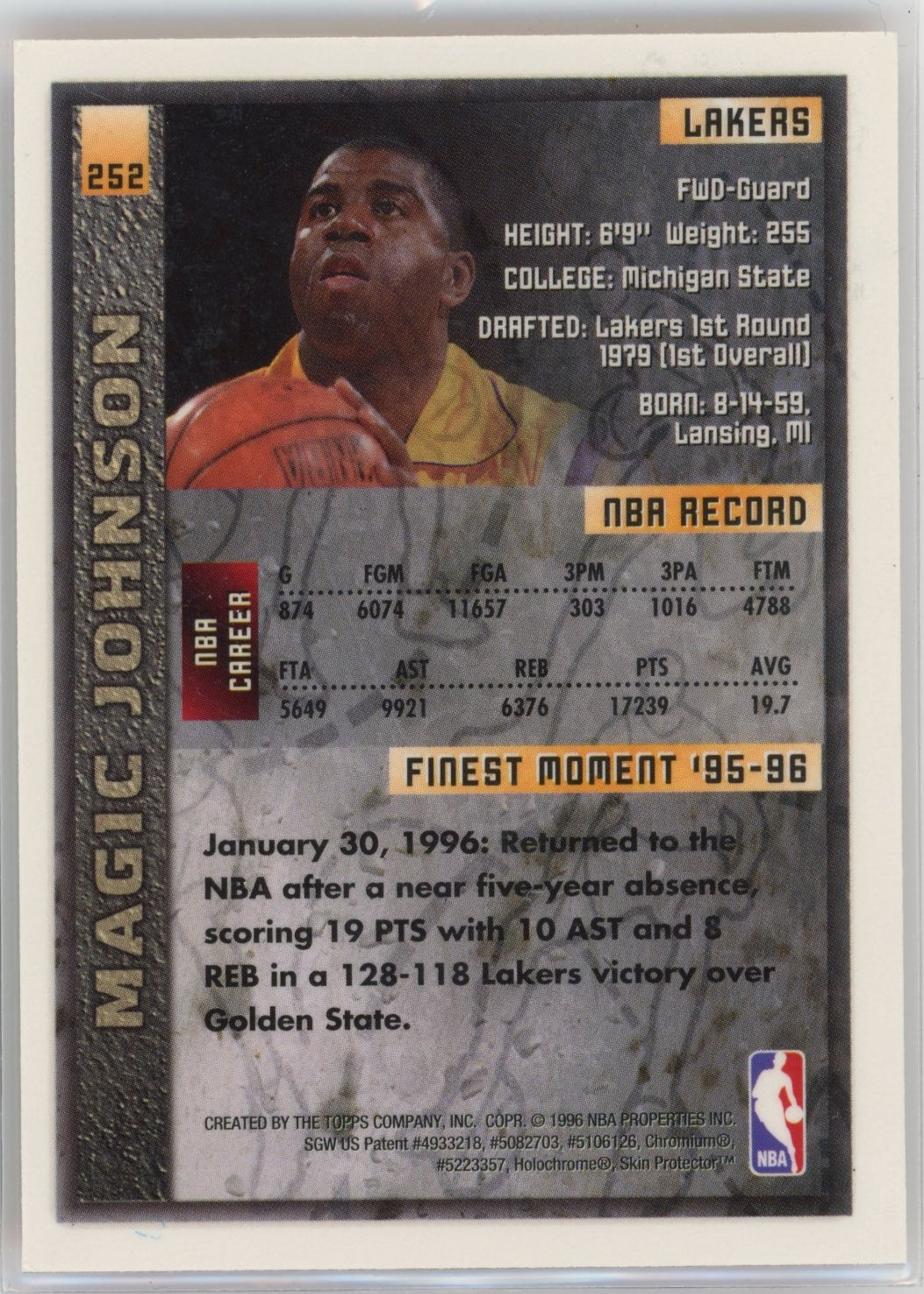 1996 Topps Finest Magic Johnson #252 - Red Lakers