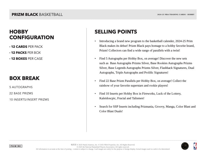 PRESALE - 2024/25 Panini Prizm Black Basketball Hobby Box