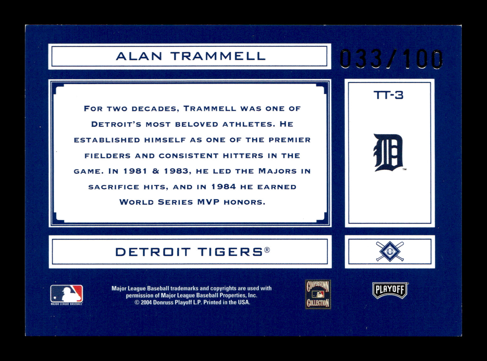 2004 Playoff Absolute Memorabilia Alan Trammell #TT-3 Tools of the Trade Signature Blue Spectrum Detroit Tigers