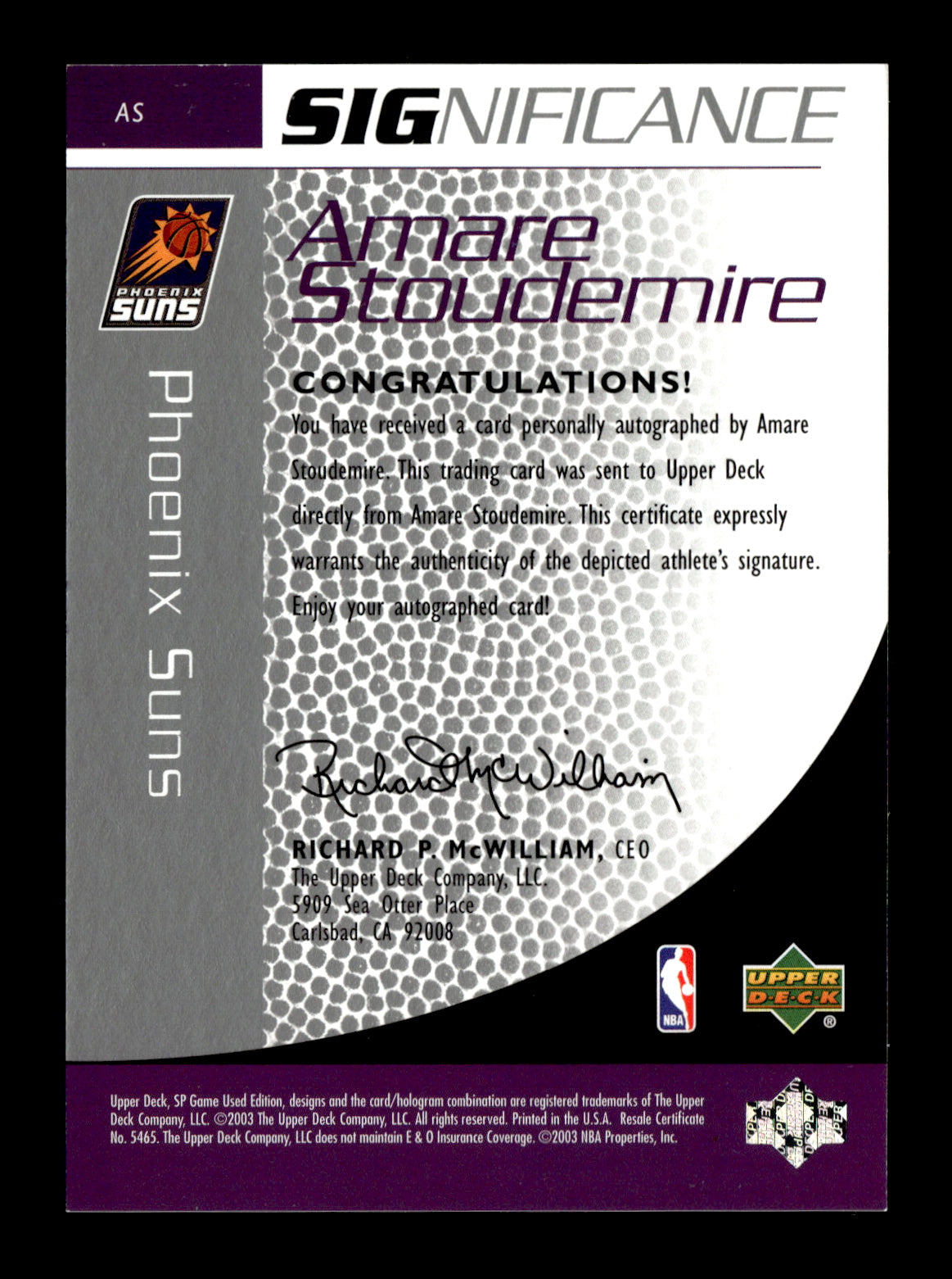 2003-04 SP Game Used Amare Stoudemire #AS SIGnificance Phoenix Suns