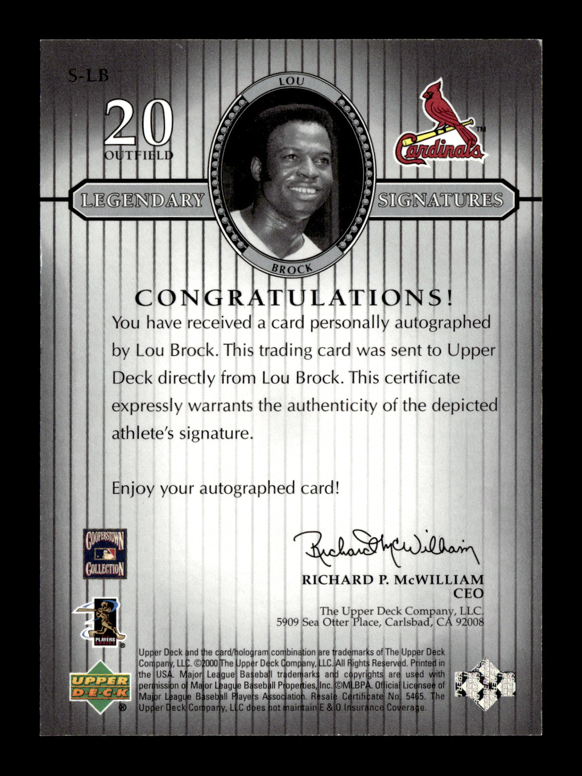 2000 Upper Deck Legends Lou Brock #S-LB Legendary Signatures St. Louis Cardinals
