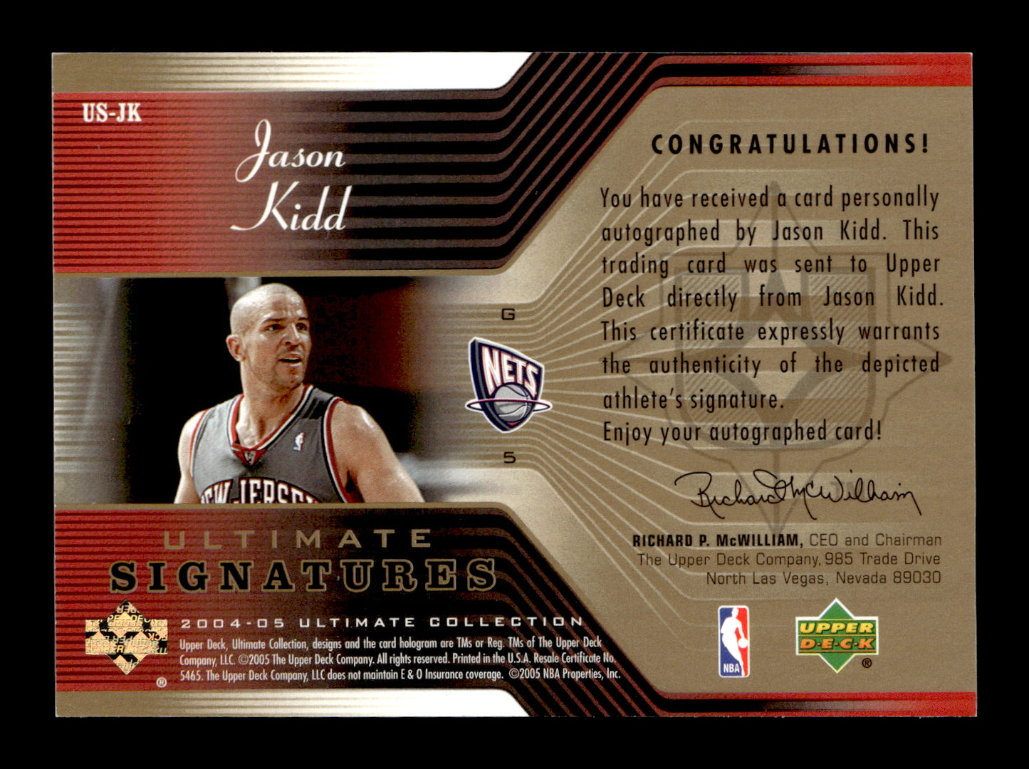 2004-05 Upper Deck Ultimate Collection Jason Kidd #US-JK Signatures New Jersey Nets
