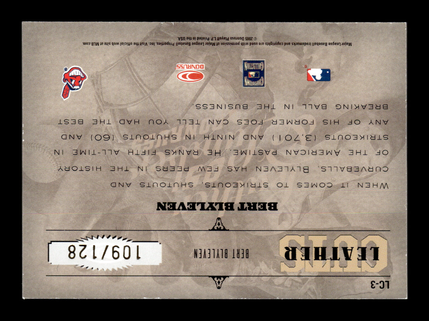 2005 Donruss Leather & Lumber Bert Blyleven #LC-3 Leather Cuts #/128 Cleveland Indians