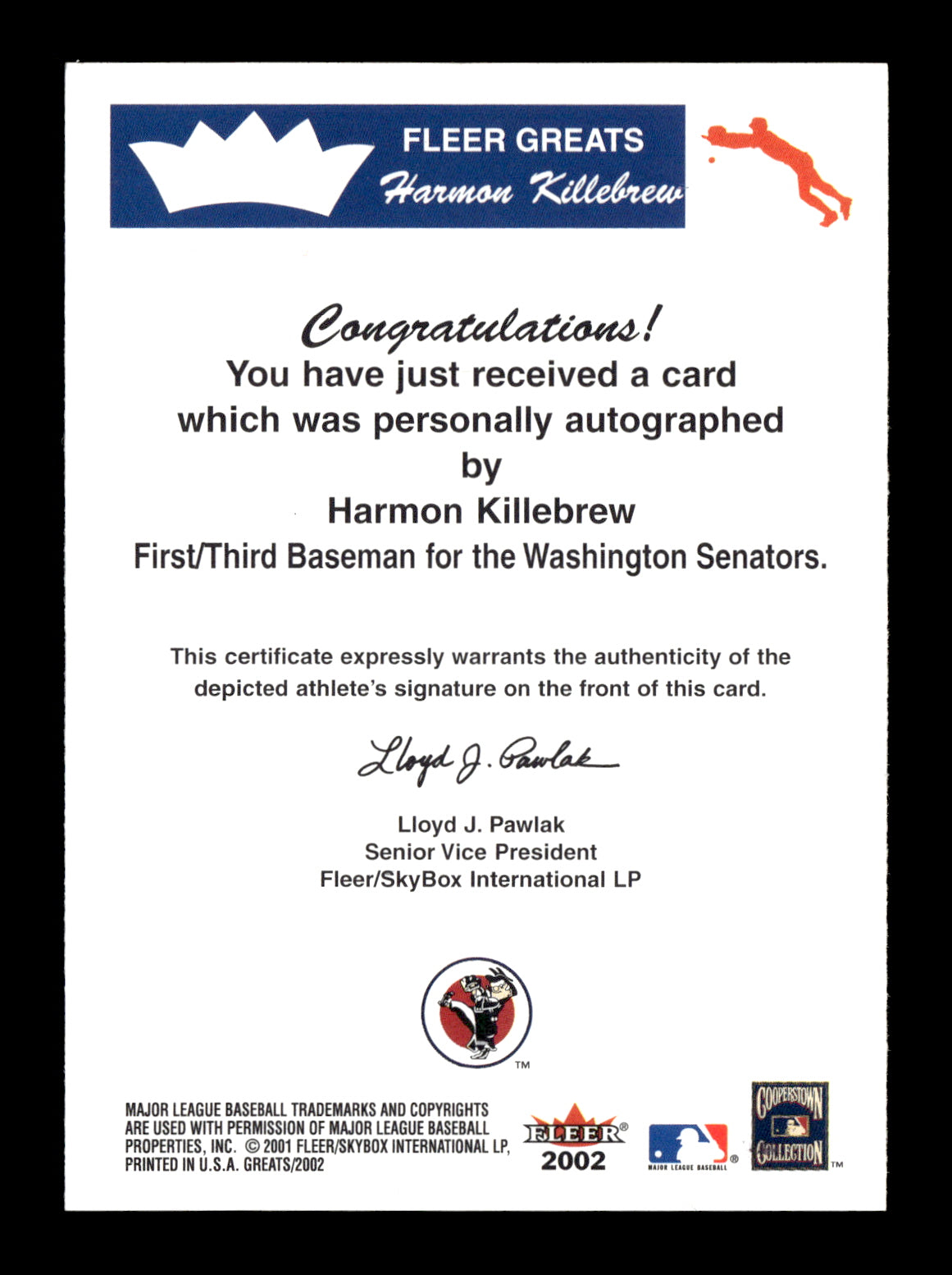 2002 Fleer Greats of the Game Harmon Killebrew #NNO Autographs Washington Senators
