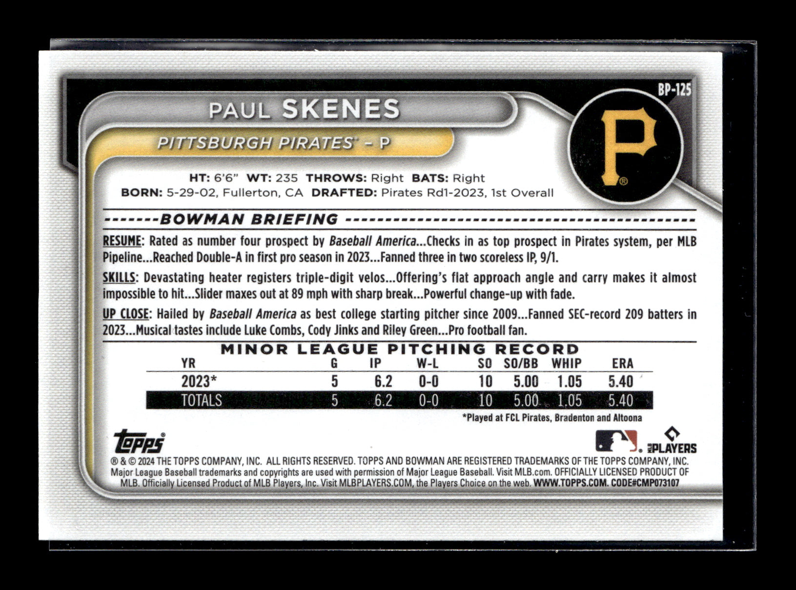 2024 Bowman Paul Skenes #BP-125 Prospects Pittsburgh Pirates