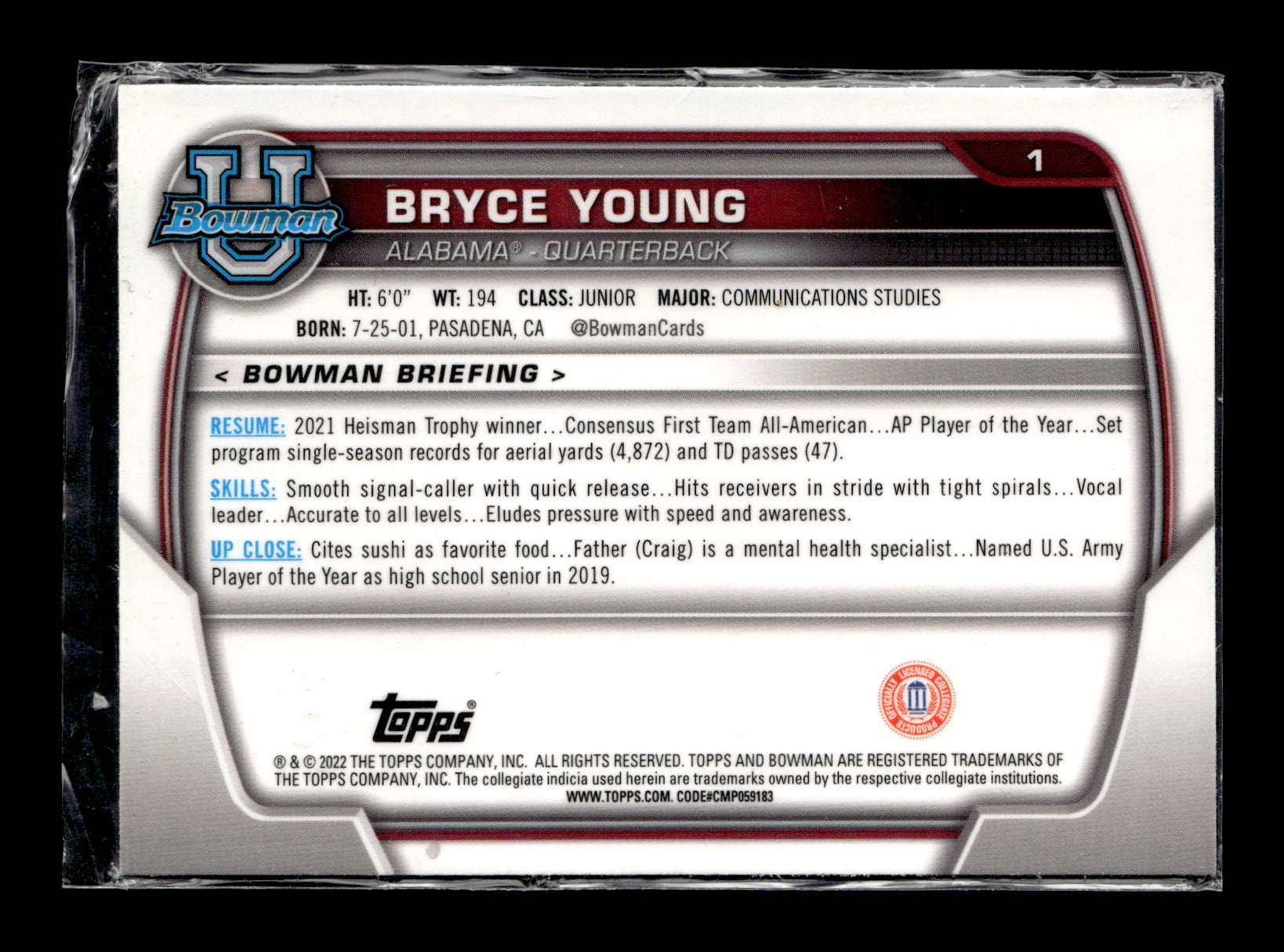 2022 Bowman University Chrome Bryce Young #1 Alabama Crimson Tide