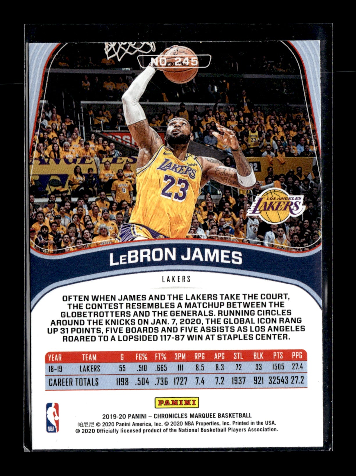 2019-20 Panini Chronicles LeBron James #245 Platinum #/1 Los Angeles Lakers