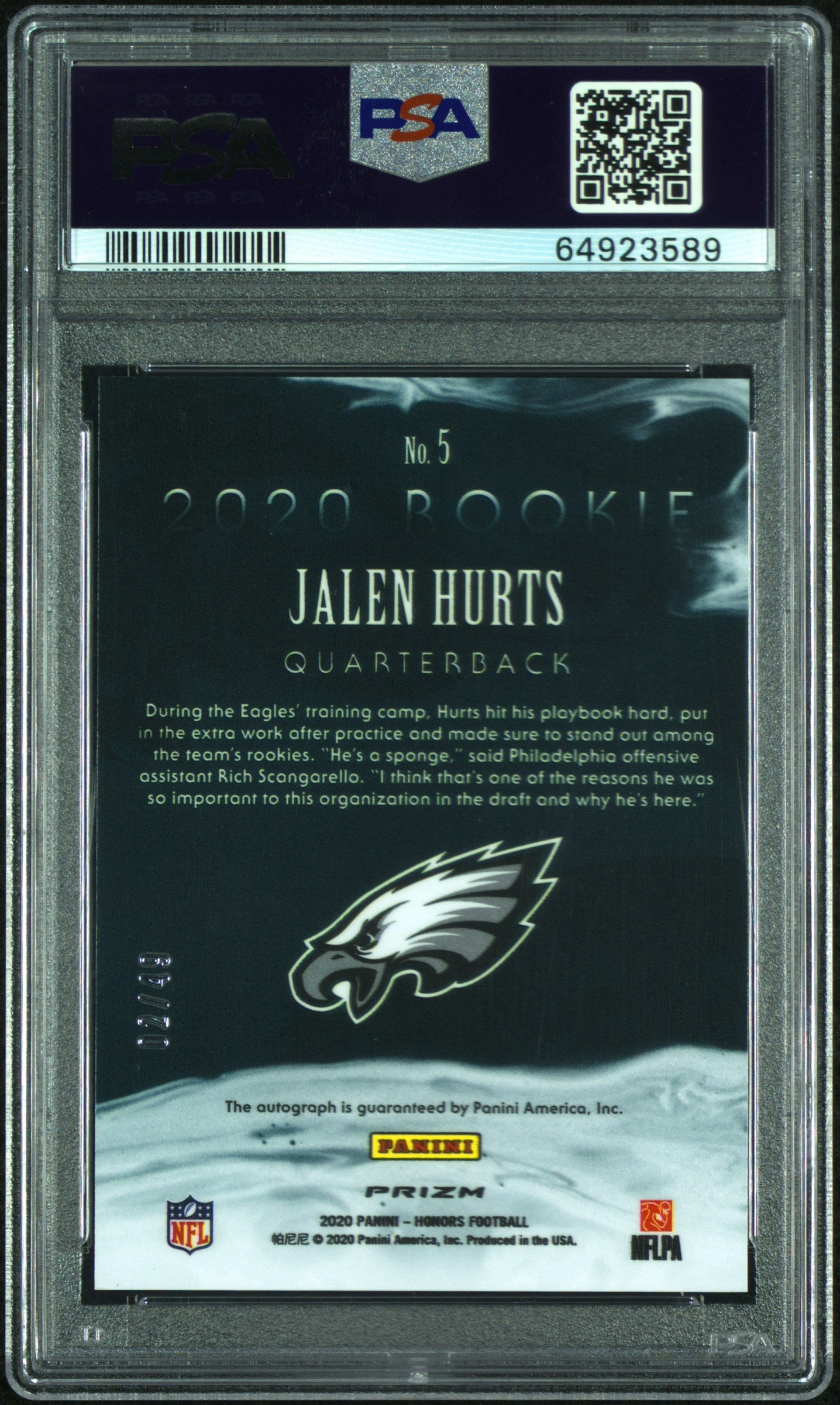 2020 Panini Honors 2002 Rookies Jalen Hurts #5 2002 Rookies-Signature PSA 10