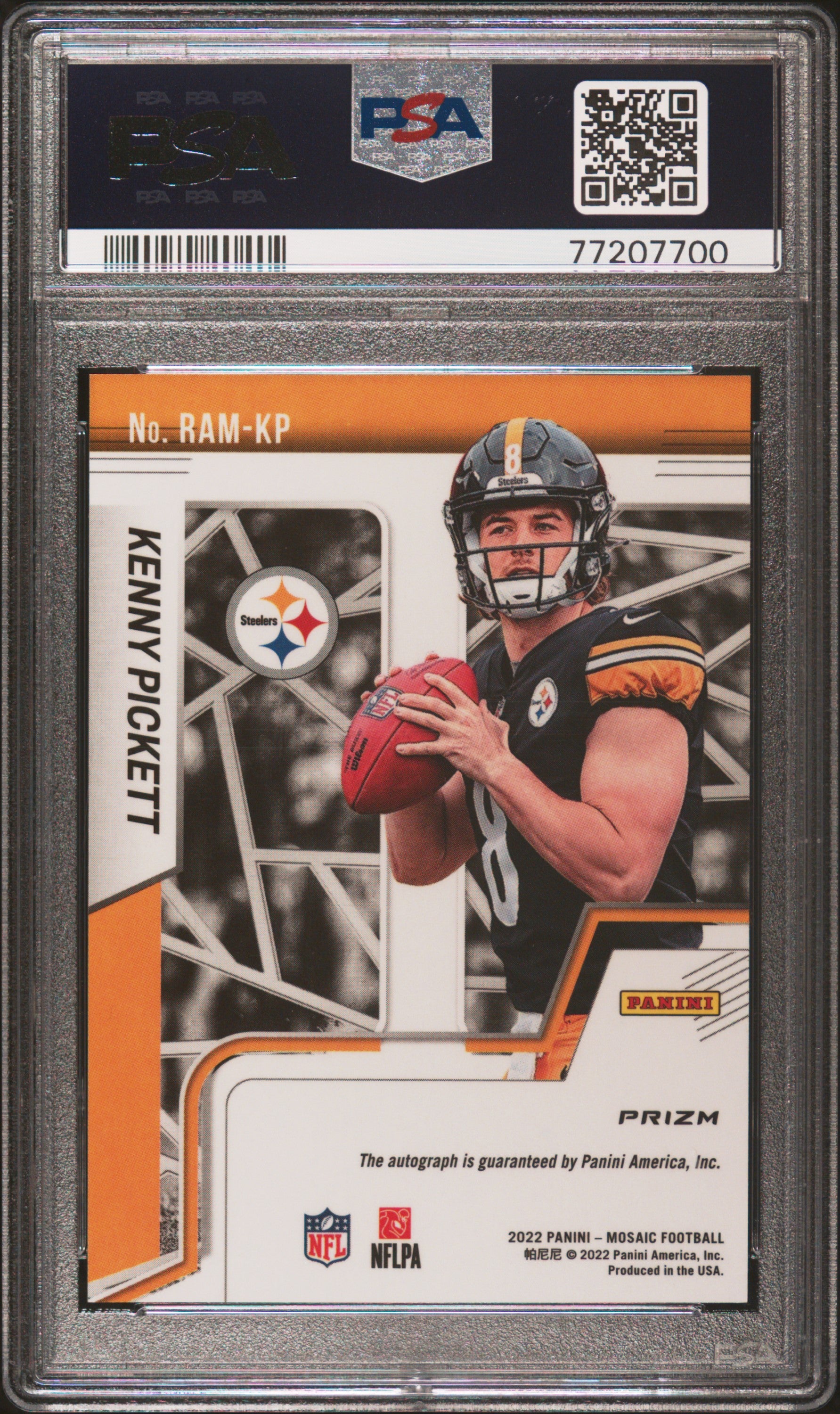 2022 Panini Mosaic Rookie Autograph Mosaic Kenny Pickett #RAMKP Rk.Au.Msc-Fsn.Rd/Ylw.Chc. PSA 10