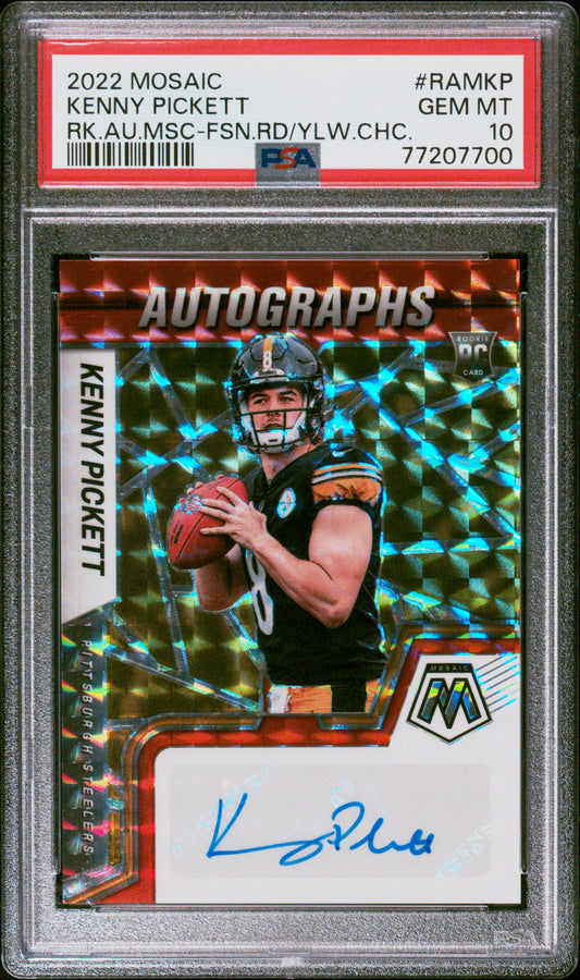 2022 Panini Mosaic Rookie Autograph Mosaic Kenny Pickett #RAMKP Rk.Au.Msc-Fsn.Rd/Ylw.Chc. PSA 10