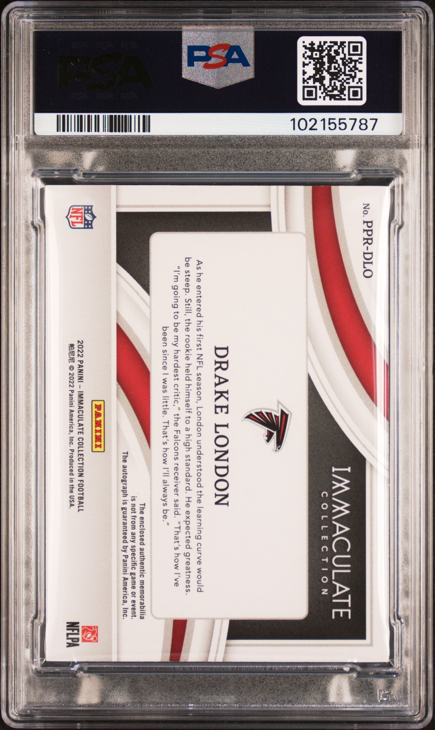 2022 Panini Immaculate Collection Premium Patch Rookie Autographs Drake London #PPRDLO Prem Patch Rookie Au-Gold PSA 9