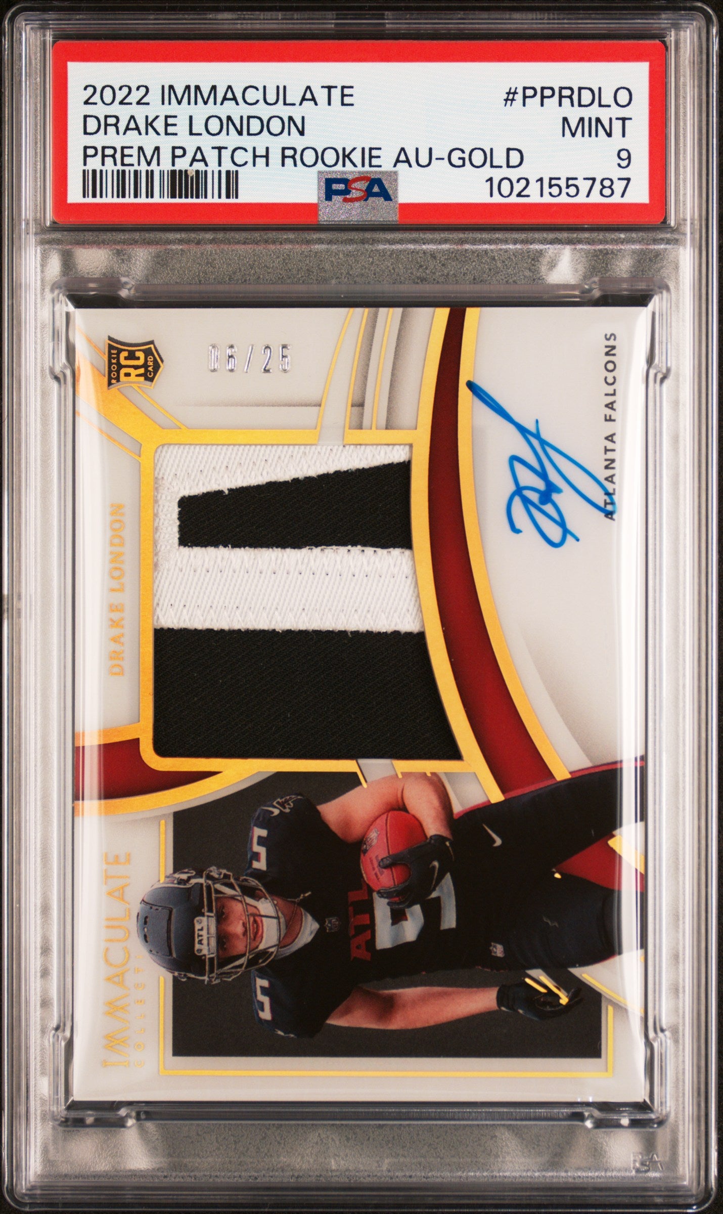 2022 Panini Immaculate Collection Premium Patch Rookie Autographs Drake London #PPRDLO Prem Patch Rookie Au-Gold PSA 9