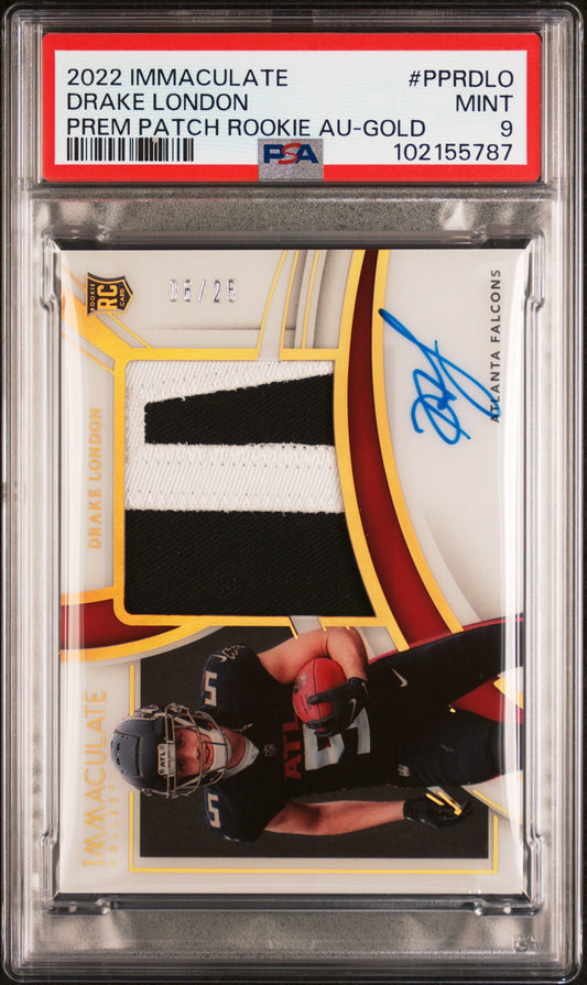 2022 Panini Immaculate Collection Premium Patch Rookie Autographs Drake London #PPRDLO Prem Patch Rookie Au-Gold PSA 9