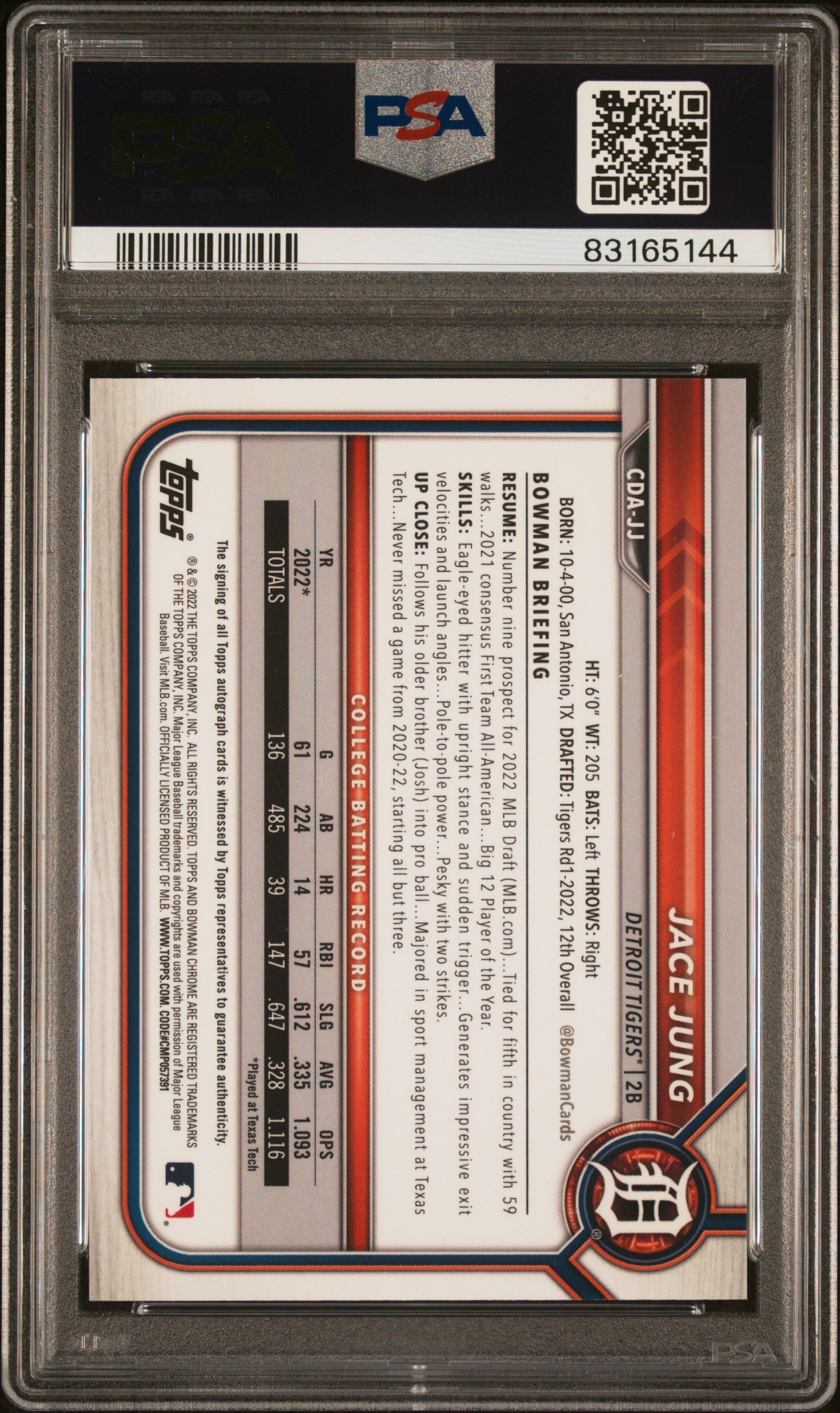 2022 Bowman Draft Chrome Draft Pick Autographs Jace Jung #CDAJJ Chr.Dp Auto-Black Ref. PSA 10
