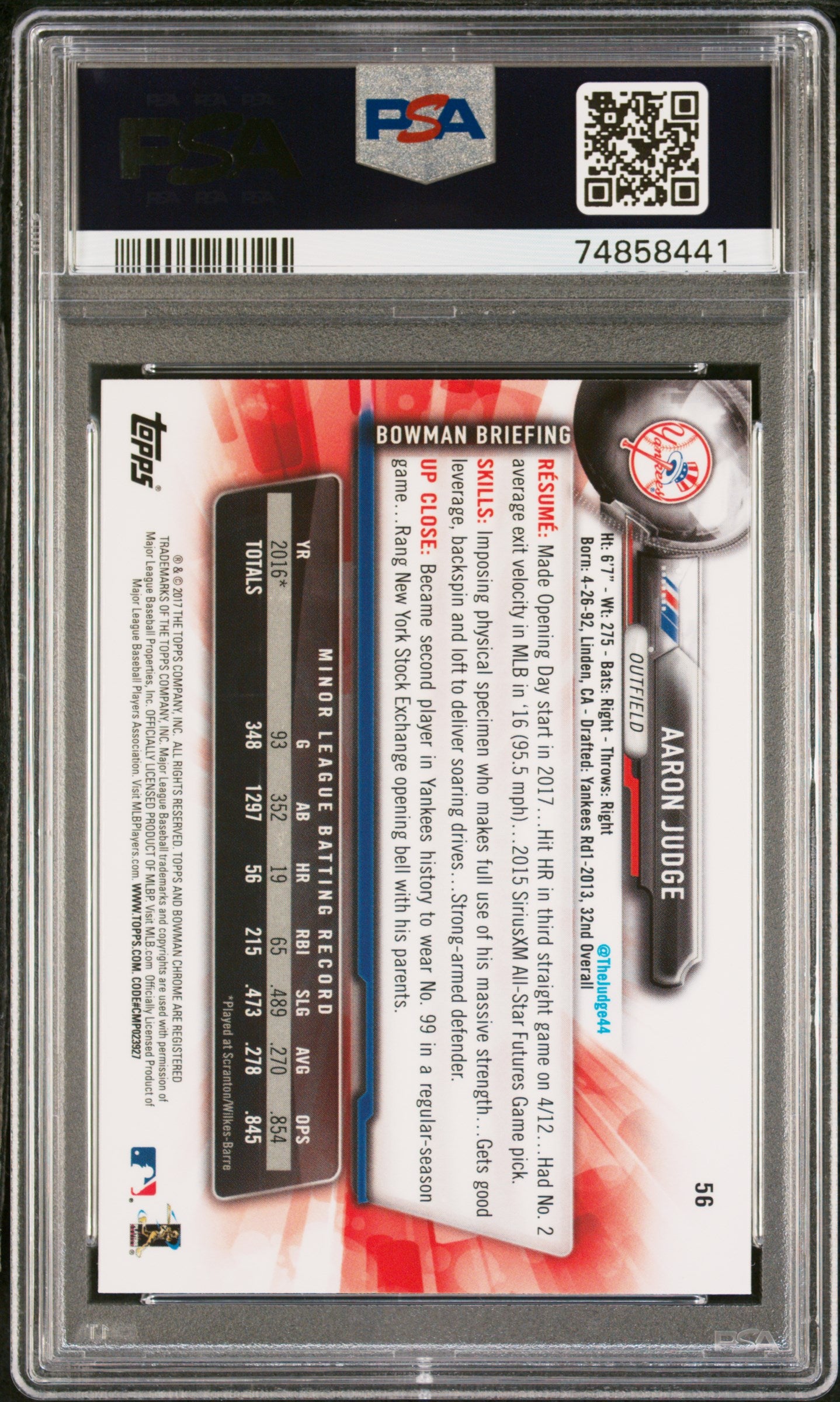 2017 Bowman Chrome Aaron Judge #56 Batting PSA 9