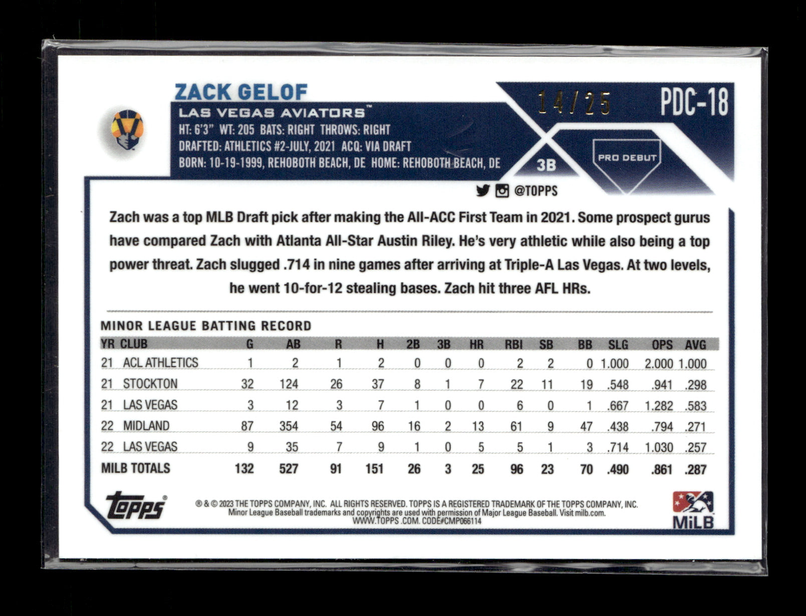2023 Topps Pro Debut Zack Gelof #PDC-18 Chrome Autographs Orange Lava Refractor #/25 Las Vegas Aviators