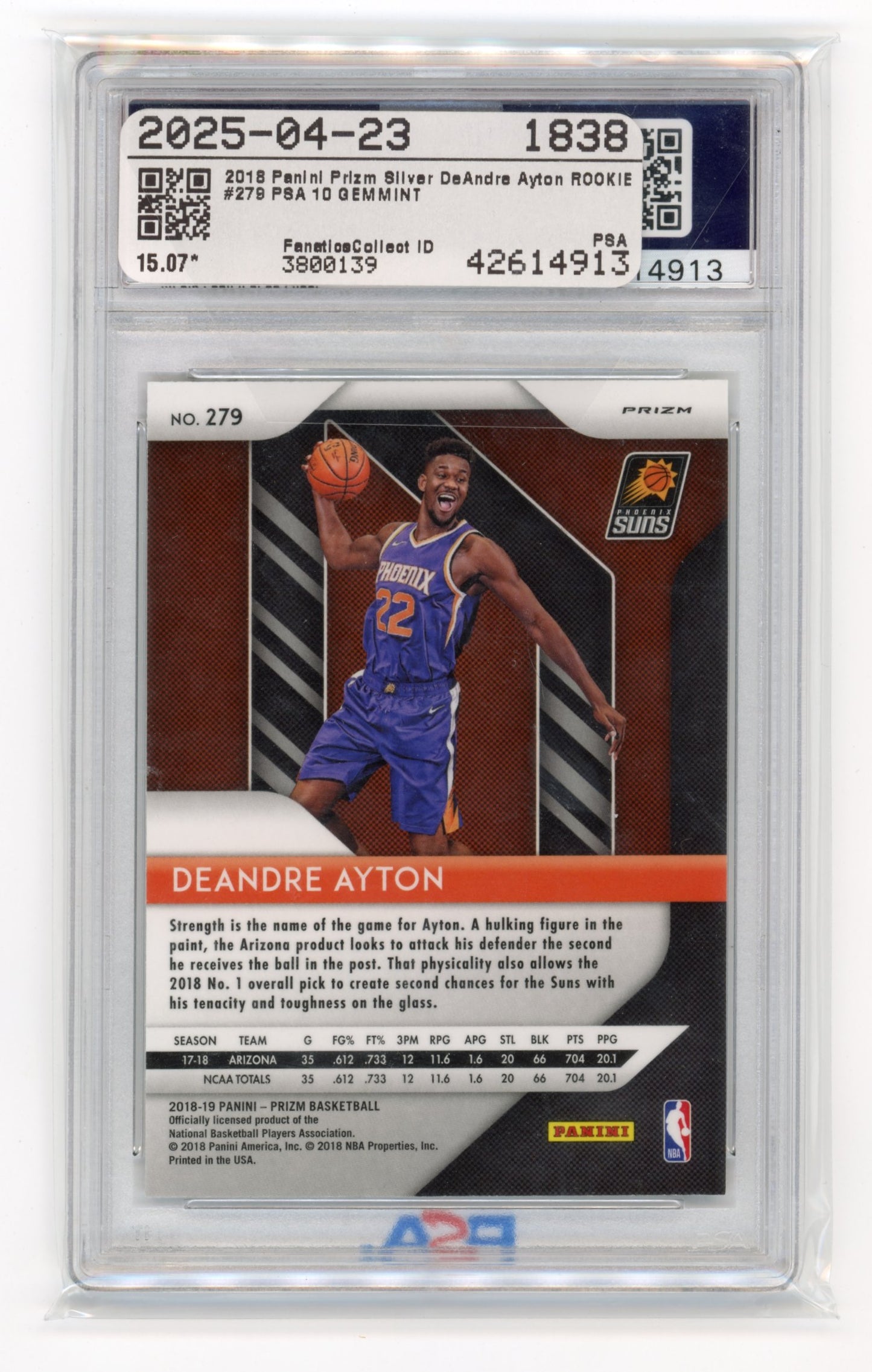 2018 Panini Prizm Deandre Ayton #279 Silver Prizm PSA 10 Phoenix Suns