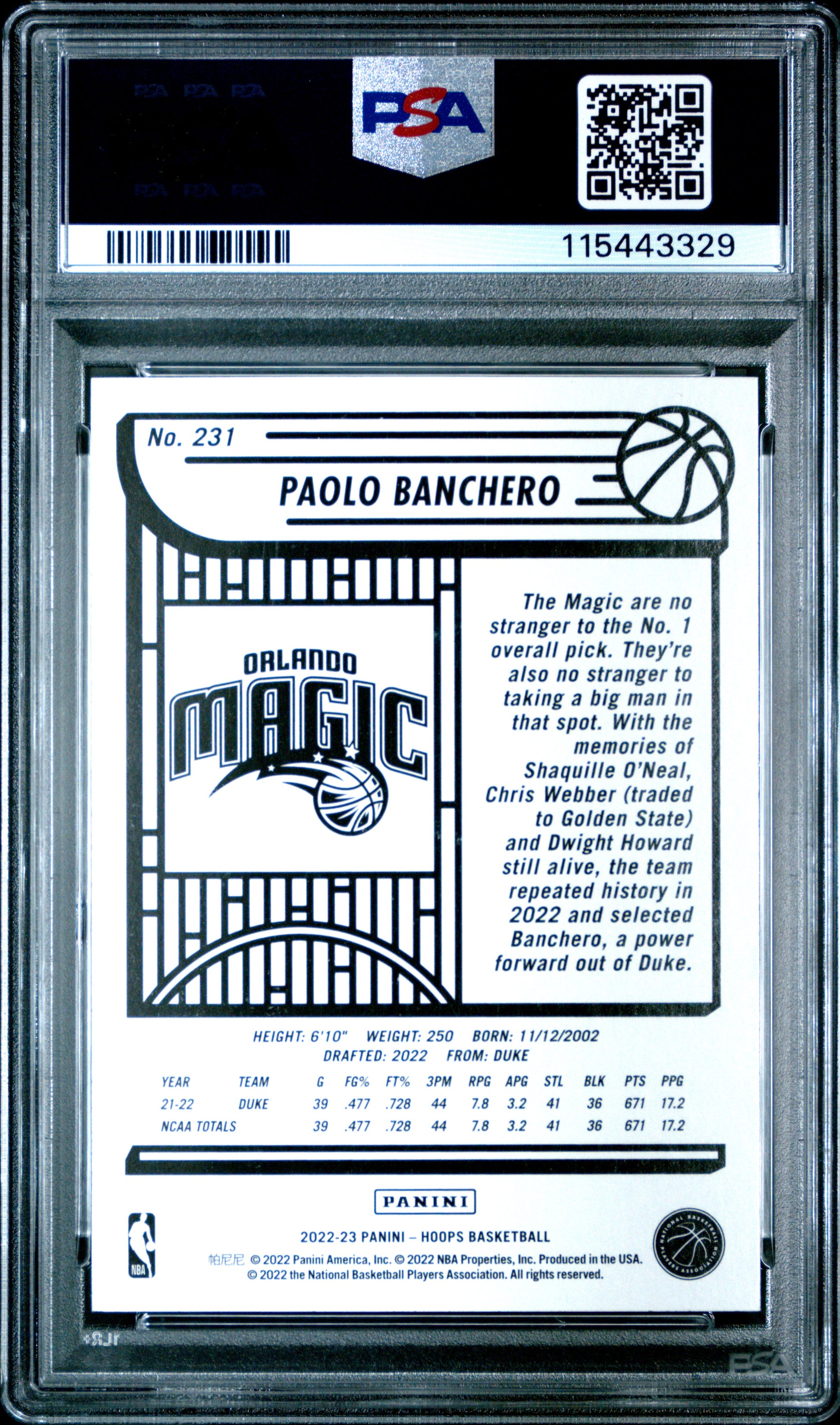 2022 Panini NBA Hoops Paolo Banchero #231 PSA 10 Orlando Magic